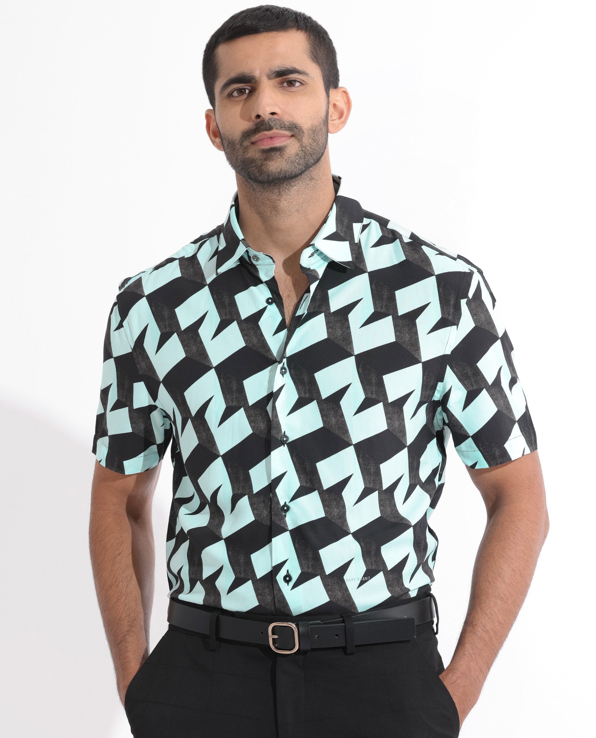 Rare Rabbit Men's Brimmer Light Blue Cotton Modal Fabric Geometric Print Half Sleeves Shirt