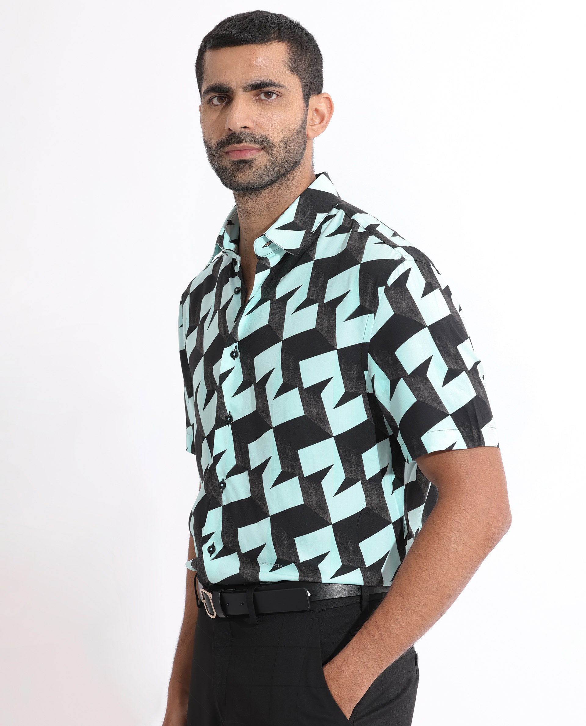 Rare Rabbit Men's Brimmer Light Blue Cotton Modal Fabric Geometric Print Half Sleeves Shirt
