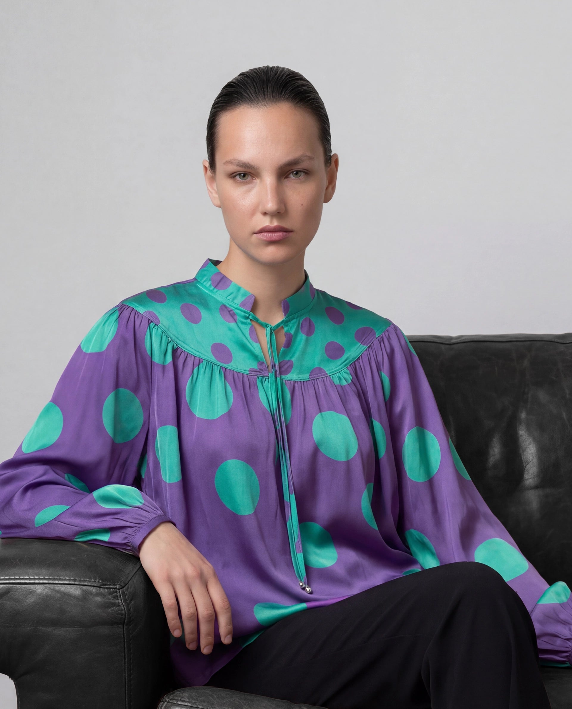Rareism Women's Brust Purple Polyester Mandarin Collar Polka Print Bishop Sleeve Relaxed Fit Top