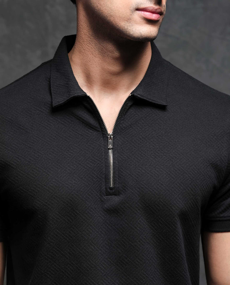 Rare Rabbit Men's Cabe Black Cotton Fabric Zipper Closure Half Sleeve Tonal Jacquard Polo T-Shirt