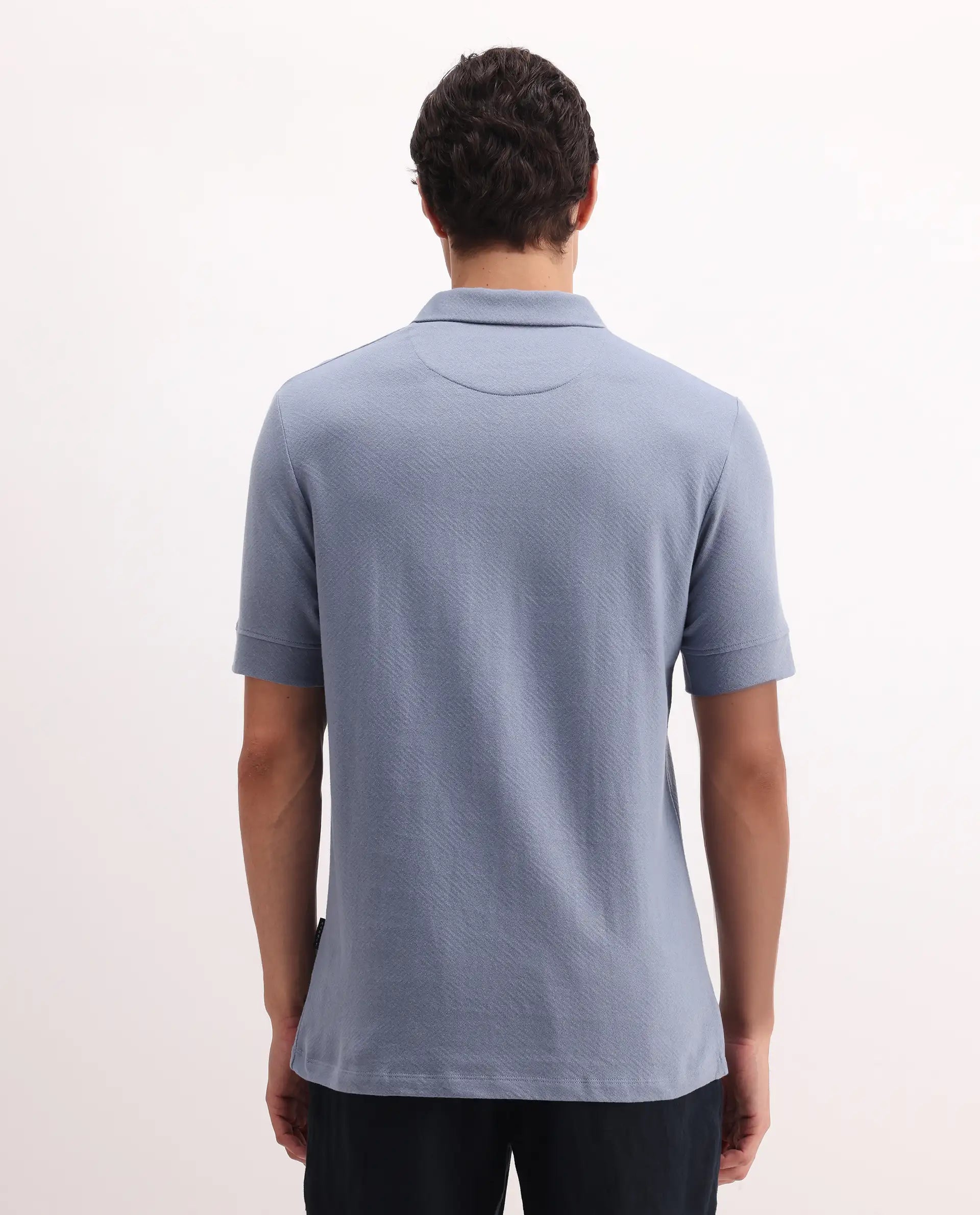 Rare Rabbit Men's Cabe-1 Dusky Blue Cotton Jacquard Regular Fit Half Sleeve Polo