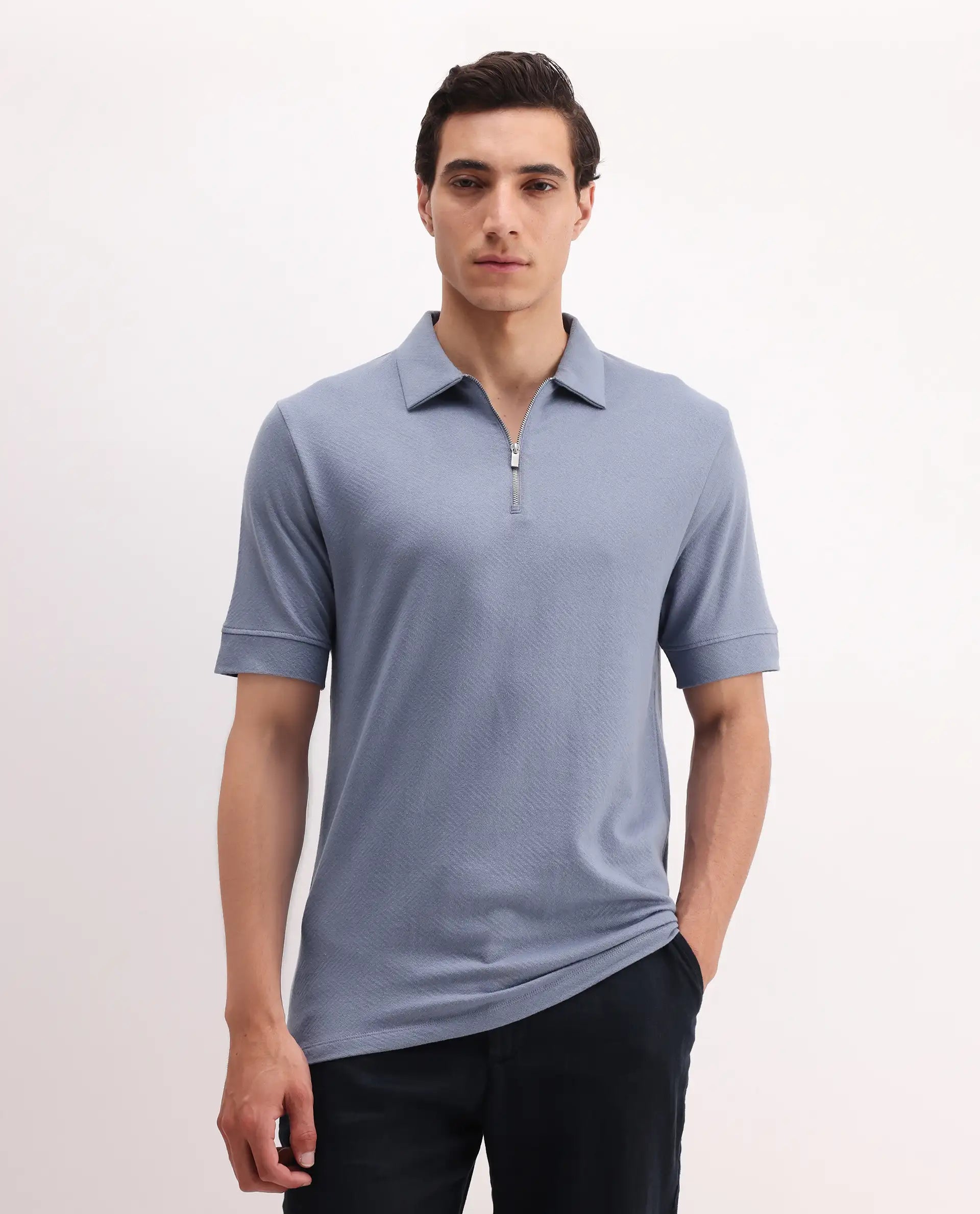 Rare Rabbit Men's Cabe-1 Dusky Blue Cotton Jacquard Regular Fit Half Sleeve Polo