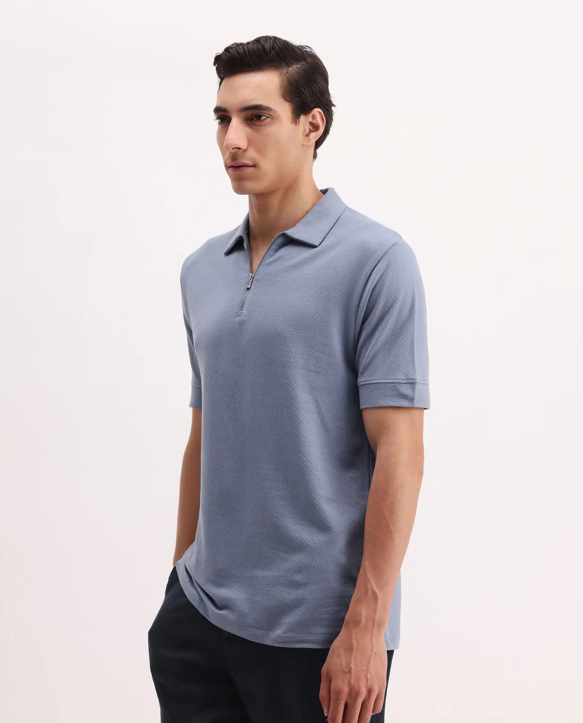 Rare Rabbit Men's Cabe-1 Dusky Blue Cotton Jacquard Regular Fit Half Sleeve Polo