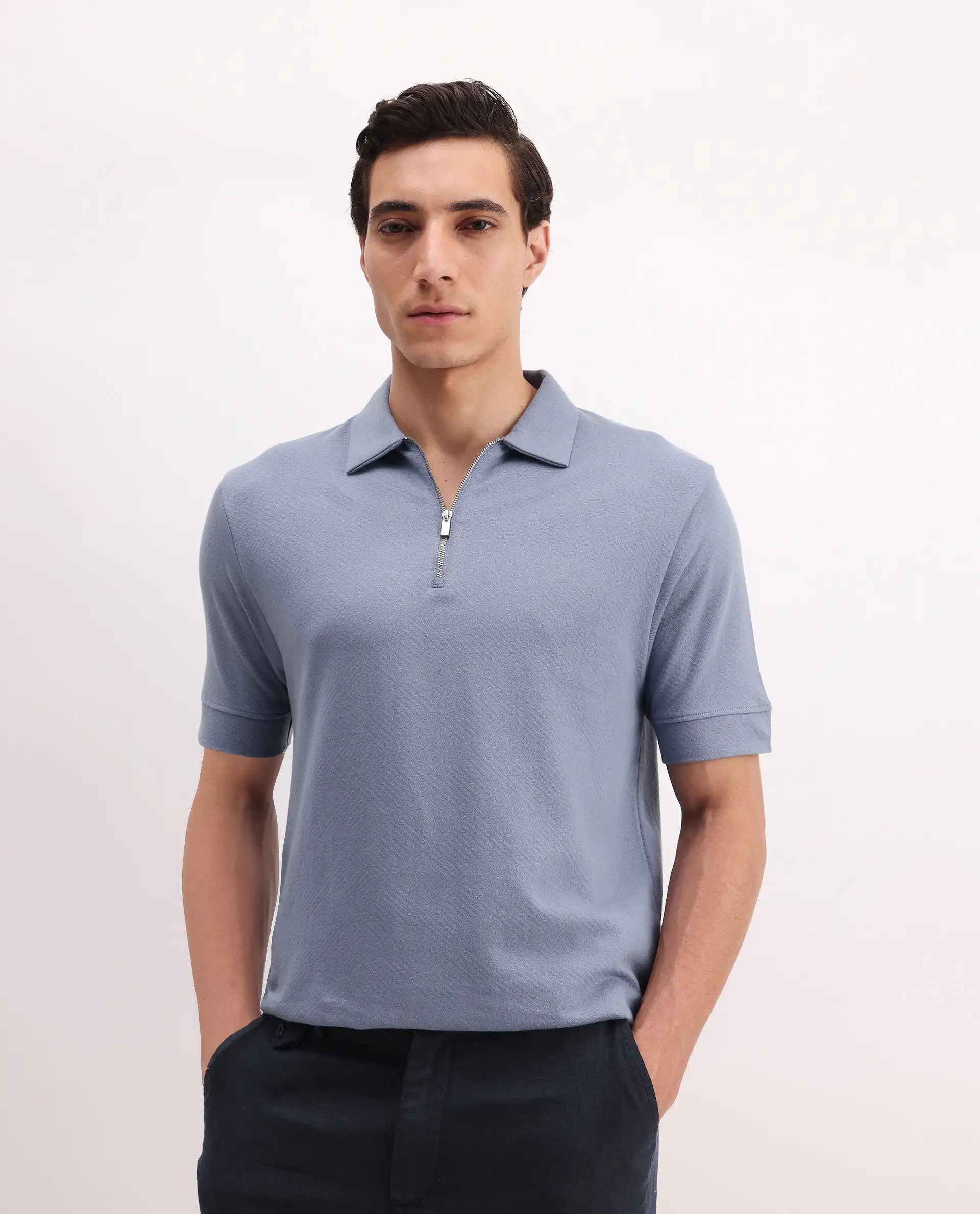 Rare Rabbit Men's Cabe-1 Dusky Blue Cotton Jacquard Regular Fit Half Sleeve Polo