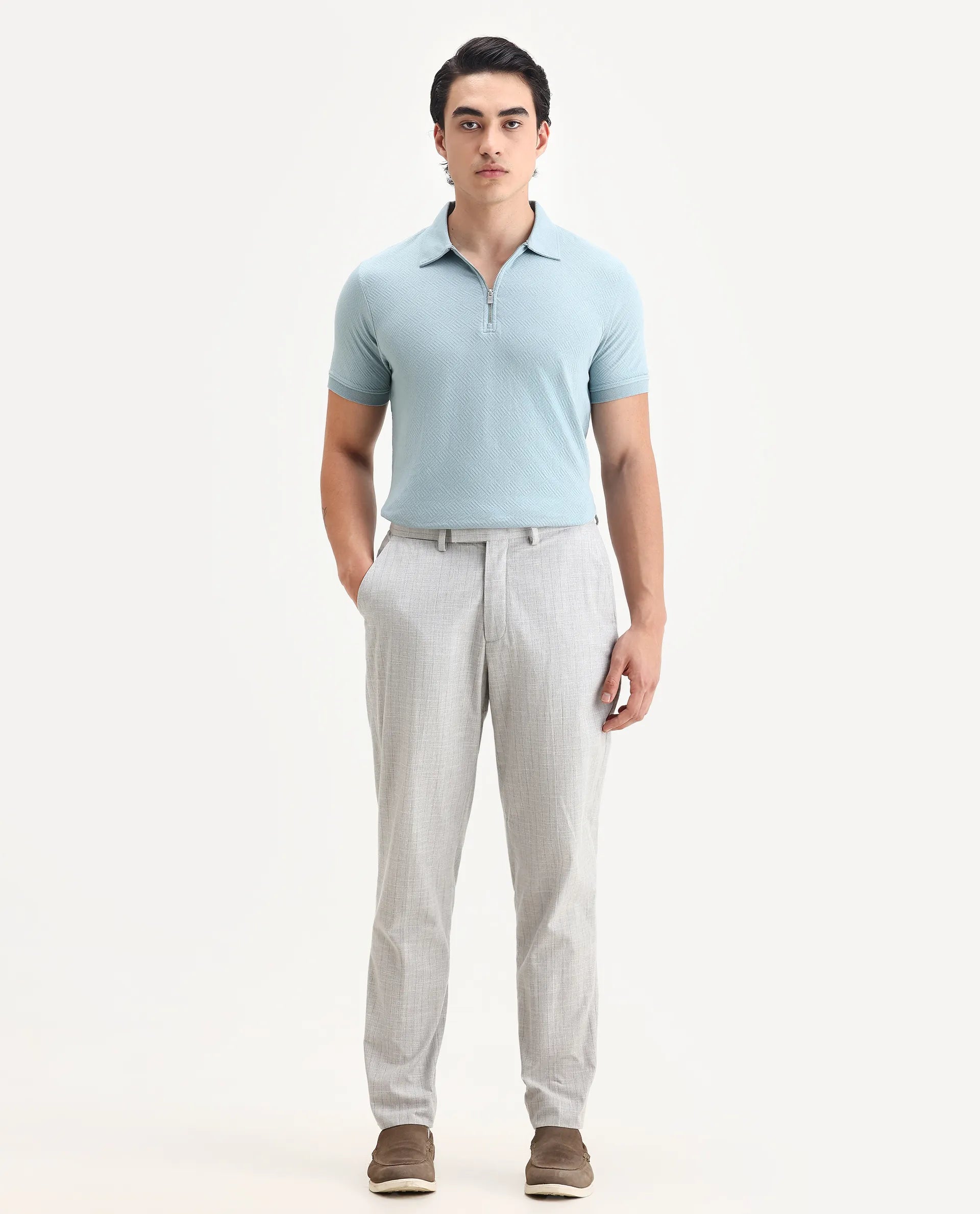 Rare Rabbit Men's Cabe Light Blue Cotton Jacquard Regular Fit Half Sleeve Polo