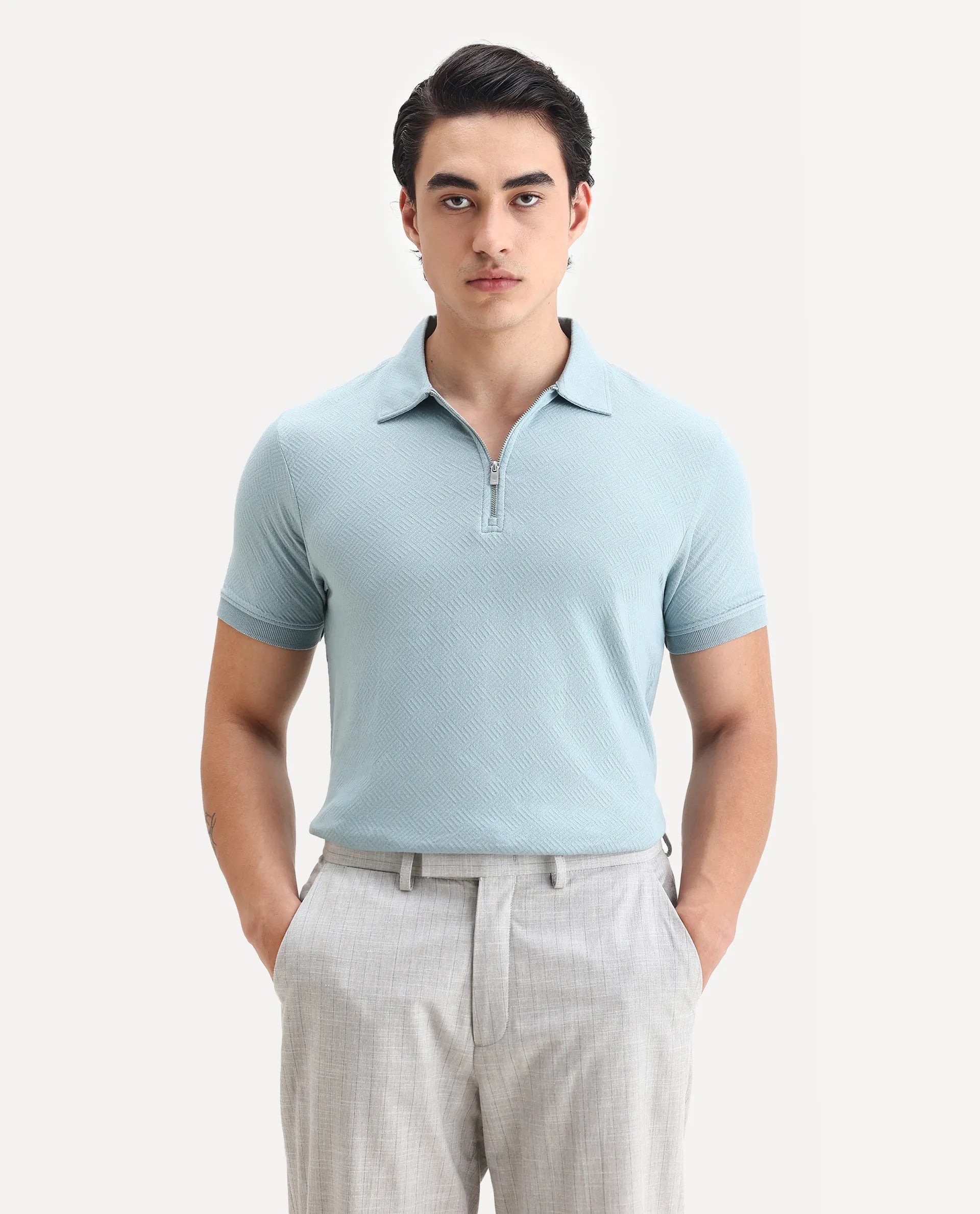 Rare Rabbit Men's Cabe Light Blue Cotton Jacquard Regular Fit Half Sleeve Polo