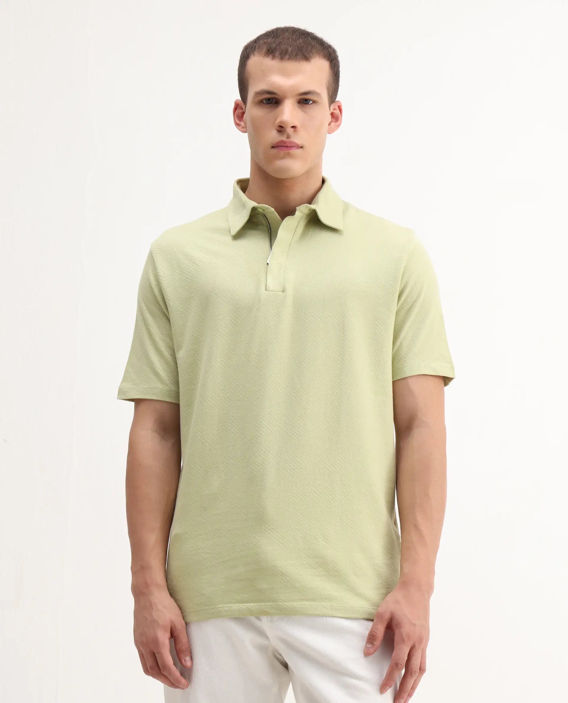 Rare Rabbit Men's Caben Light Green Cotton Jacquard Regular Fit Half Sleeve Polo