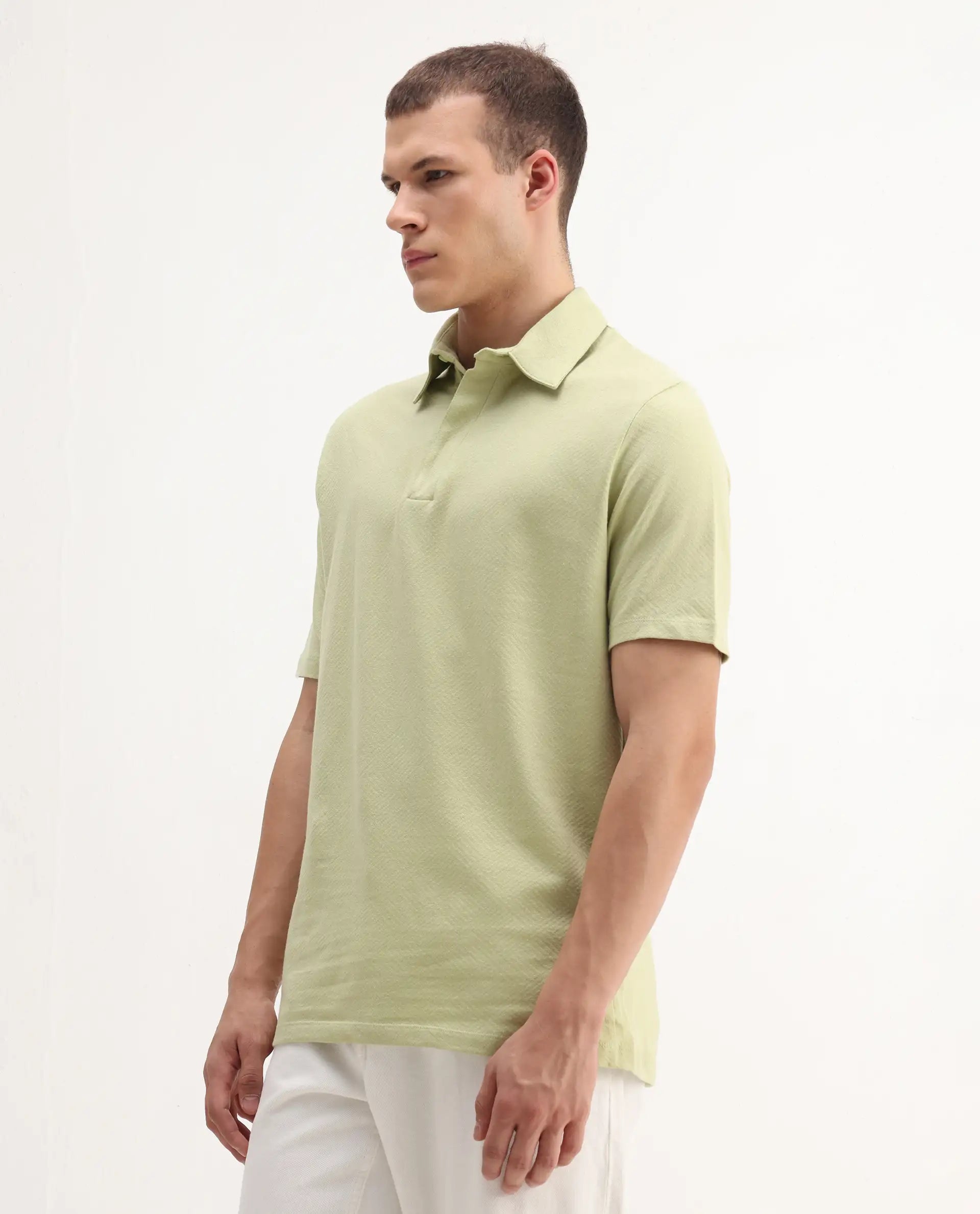 Rare Rabbit Men's Caben Light Green Cotton Jacquard Regular Fit Half Sleeve Polo