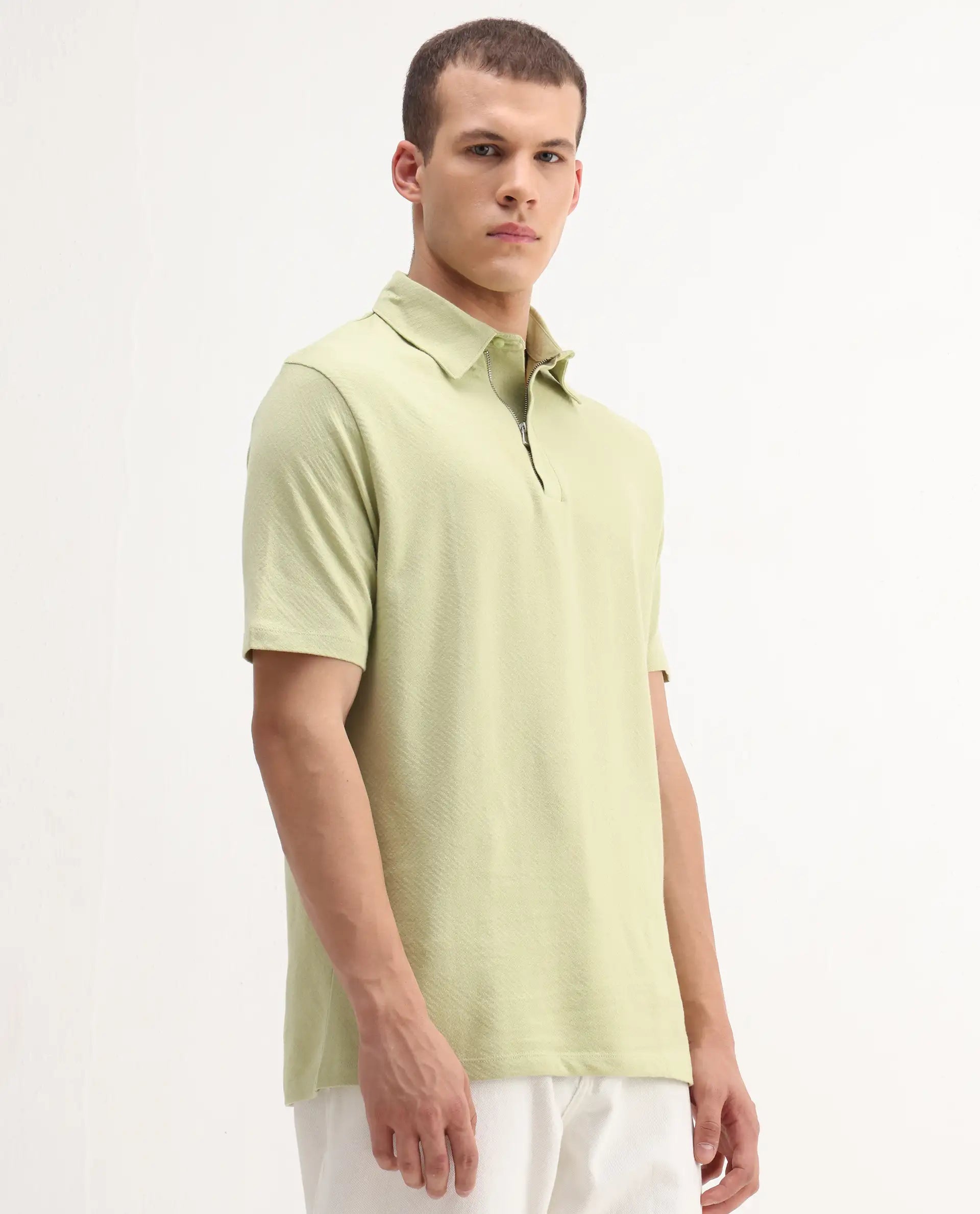 Rare Rabbit Men's Caben Light Green Cotton Jacquard Regular Fit Half Sleeve Polo