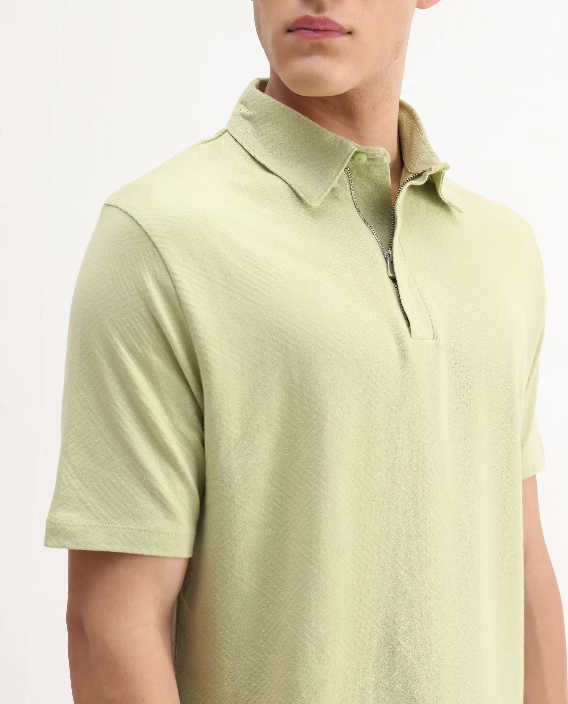 Rare Rabbit Men's Caben Light Green Cotton Jacquard Regular Fit Half Sleeve Polo