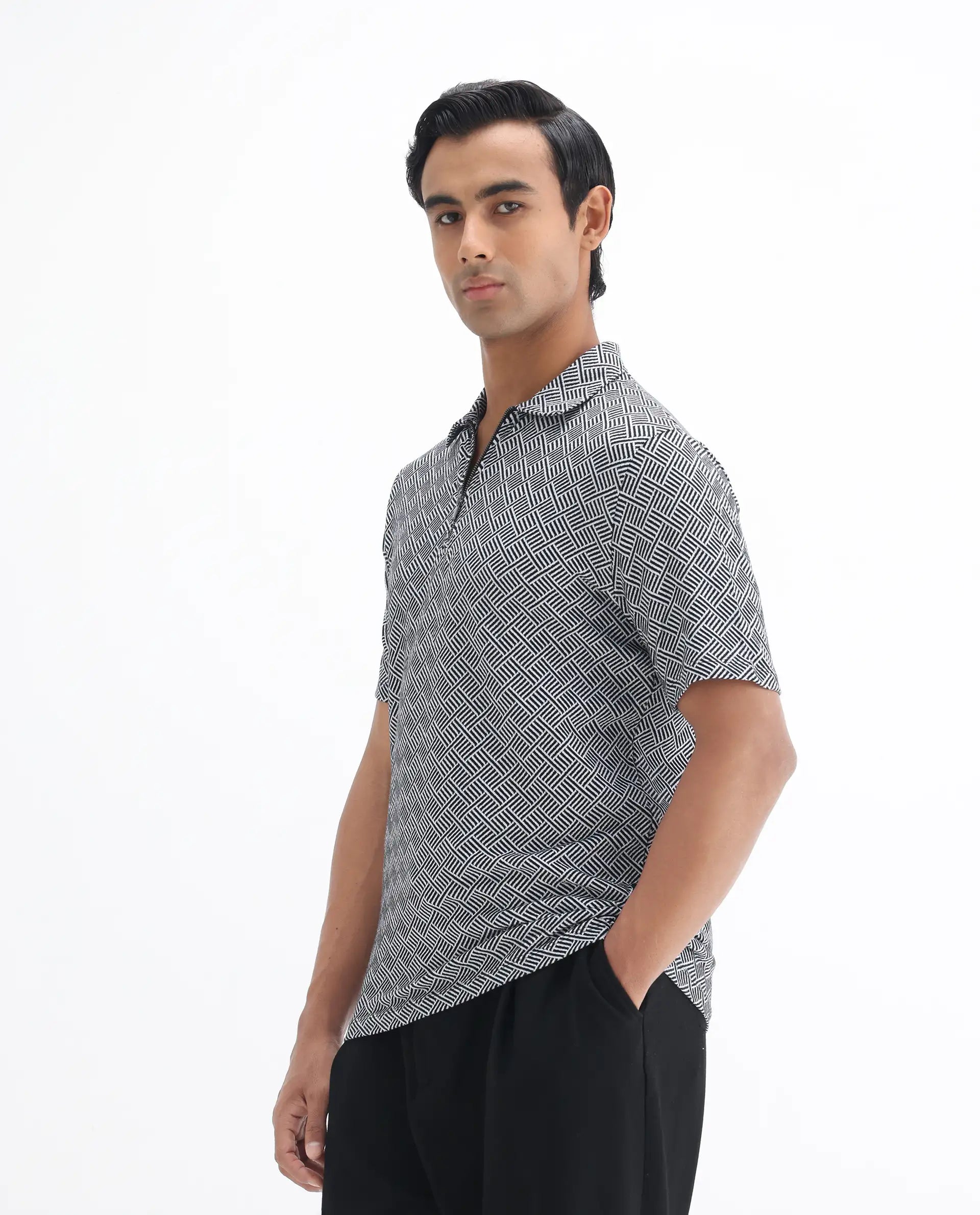 Rare Rabbit Men's Cabetta Black Cotton Jacquard Regular Fit Half Sleeve Polo