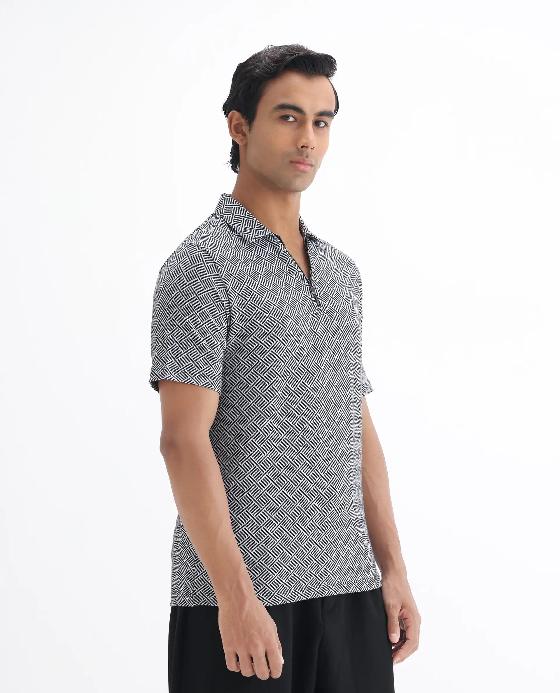 Rare Rabbit Men's Cabetta Black Cotton Jacquard Regular Fit Half Sleeve Polo