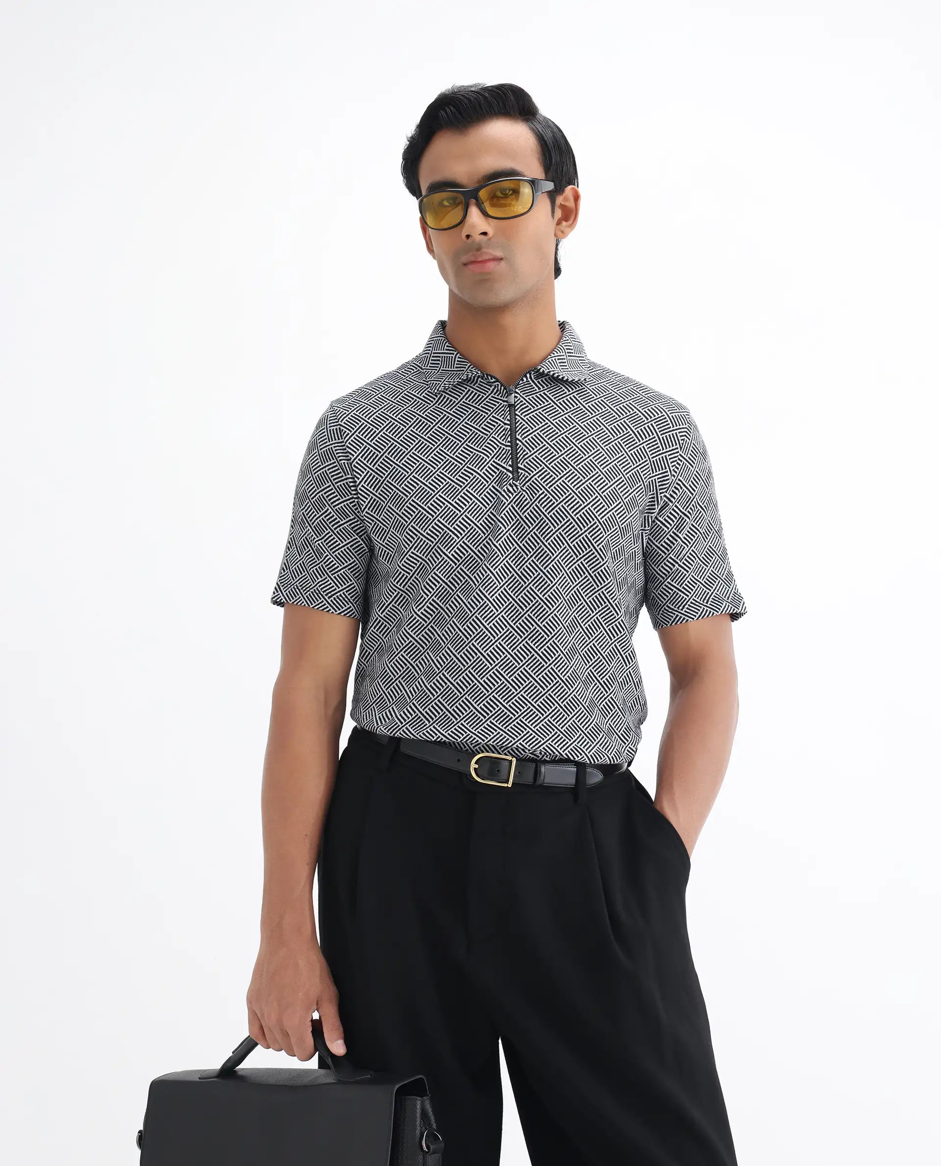 Rare Rabbit Men's Cabetta Black Cotton Jacquard Regular Fit Half Sleeve Polo