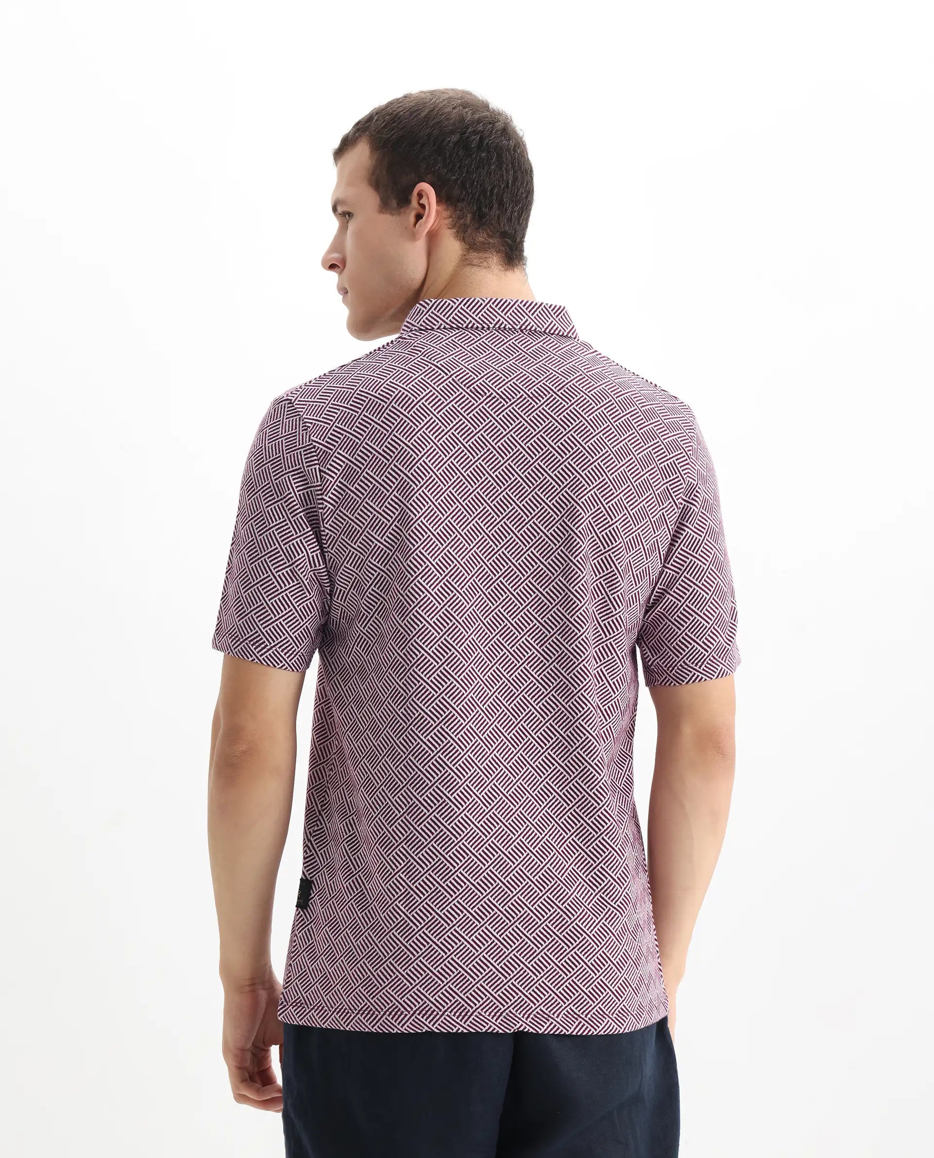 Rare Rabbit Men's Cabetta Dark Purple Cotton Jacquard Regular Fit Half Sleeve Polo