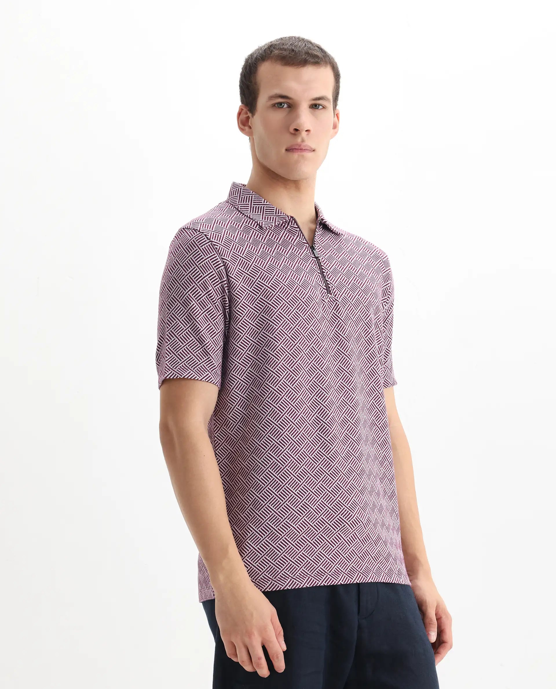 Rare Rabbit Men's Cabetta Dark Purple Cotton Jacquard Regular Fit Half Sleeve Polo