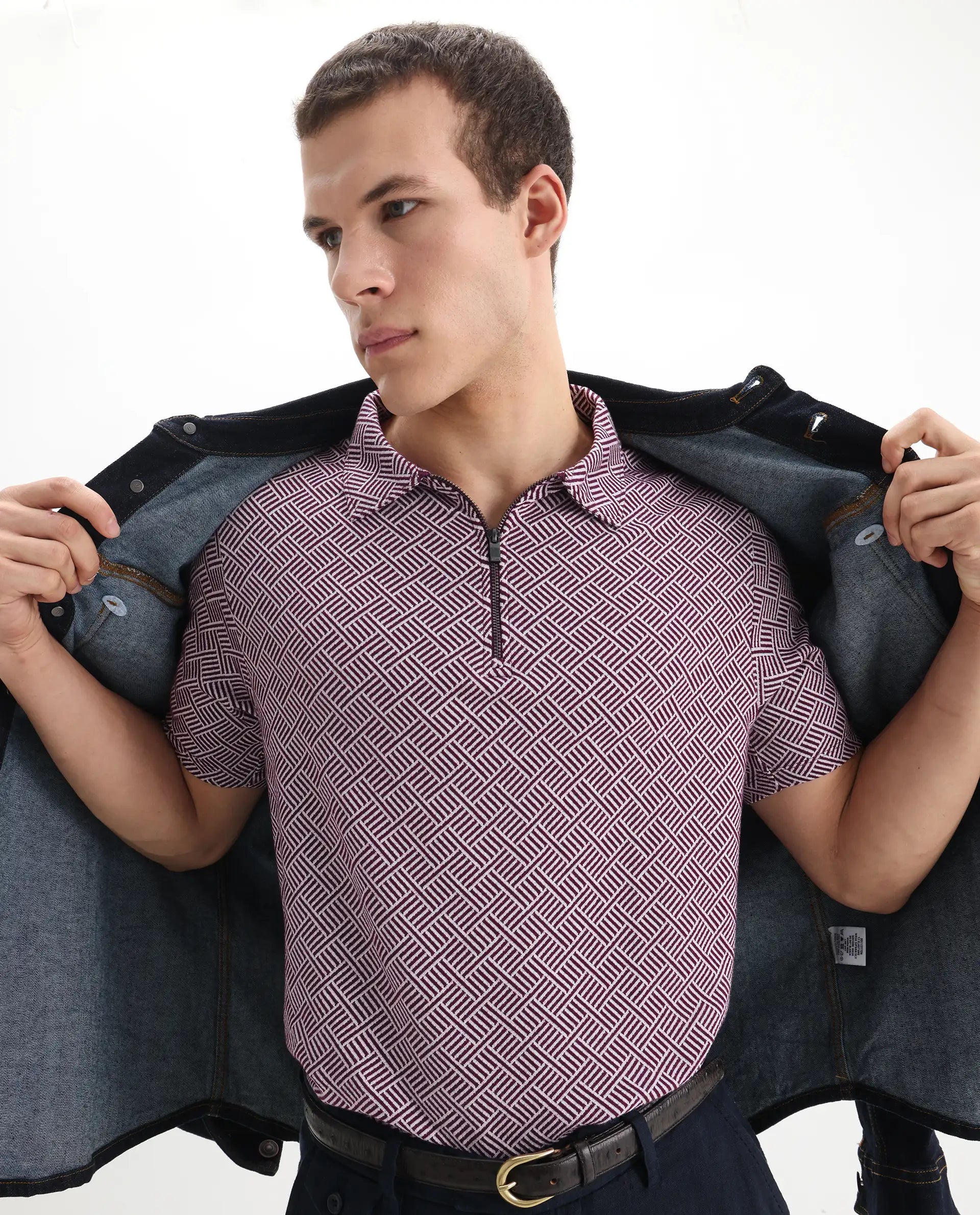 Rare Rabbit Men's Cabetta Dark Purple Cotton Jacquard Regular Fit Half Sleeve Polo