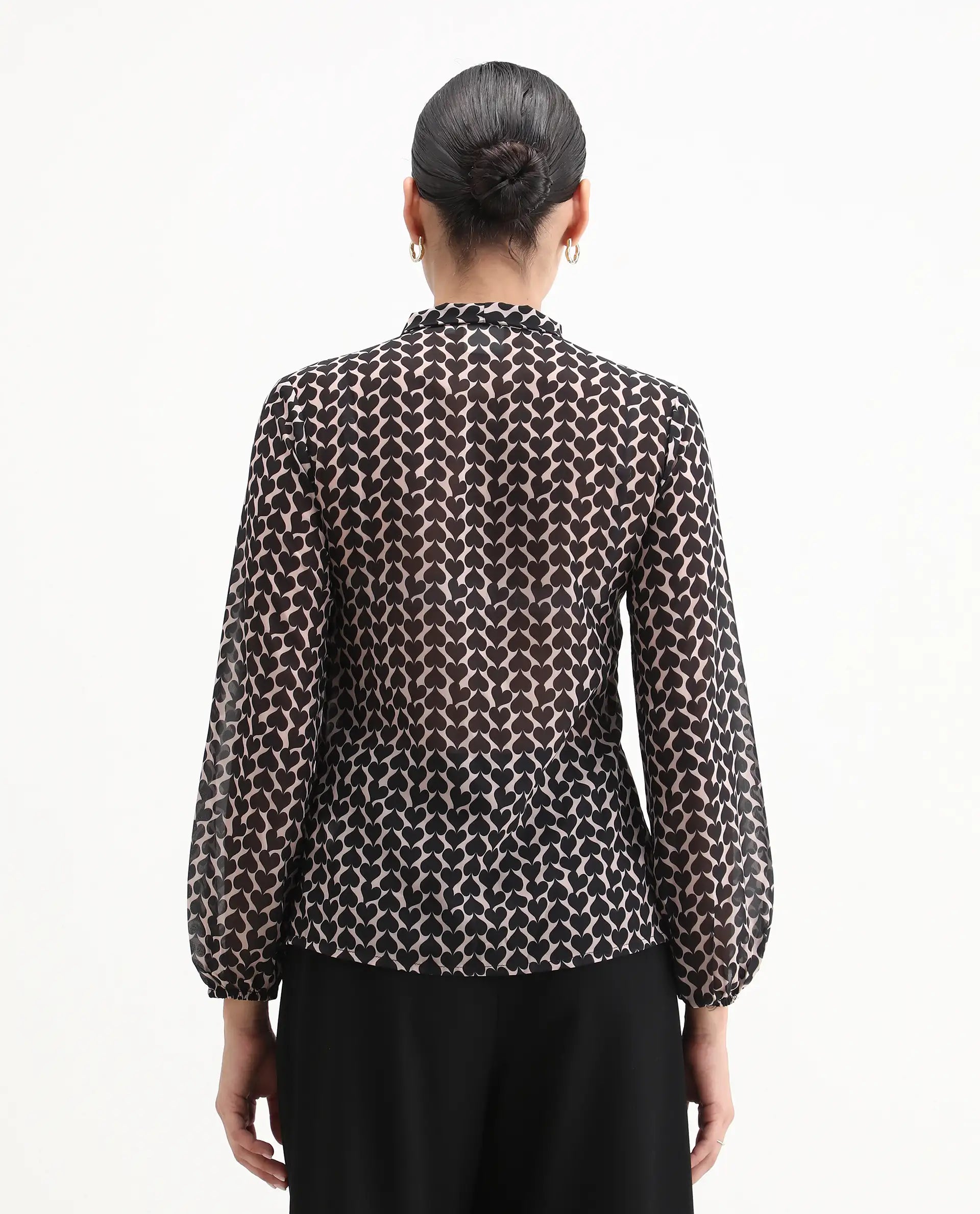 Rareism Women's Cavoi Multi Cotton Blend Tie-Up Neck Abstract Print Cuffed Sleeve Regular Fit Top