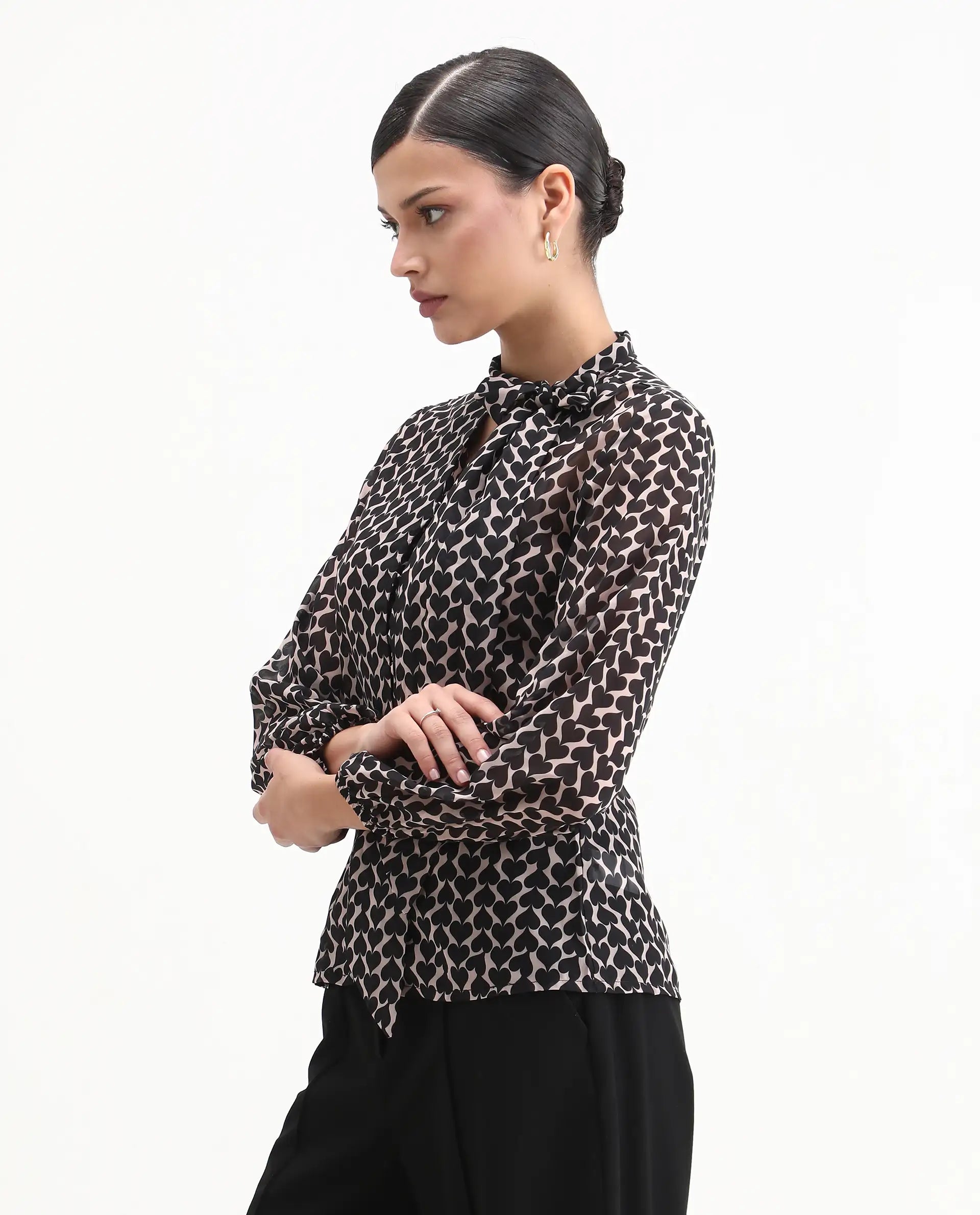 Rareism Women's Cavoi Multi Cotton Blend Tie-Up Neck Abstract Print Cuffed Sleeve Regular Fit Top