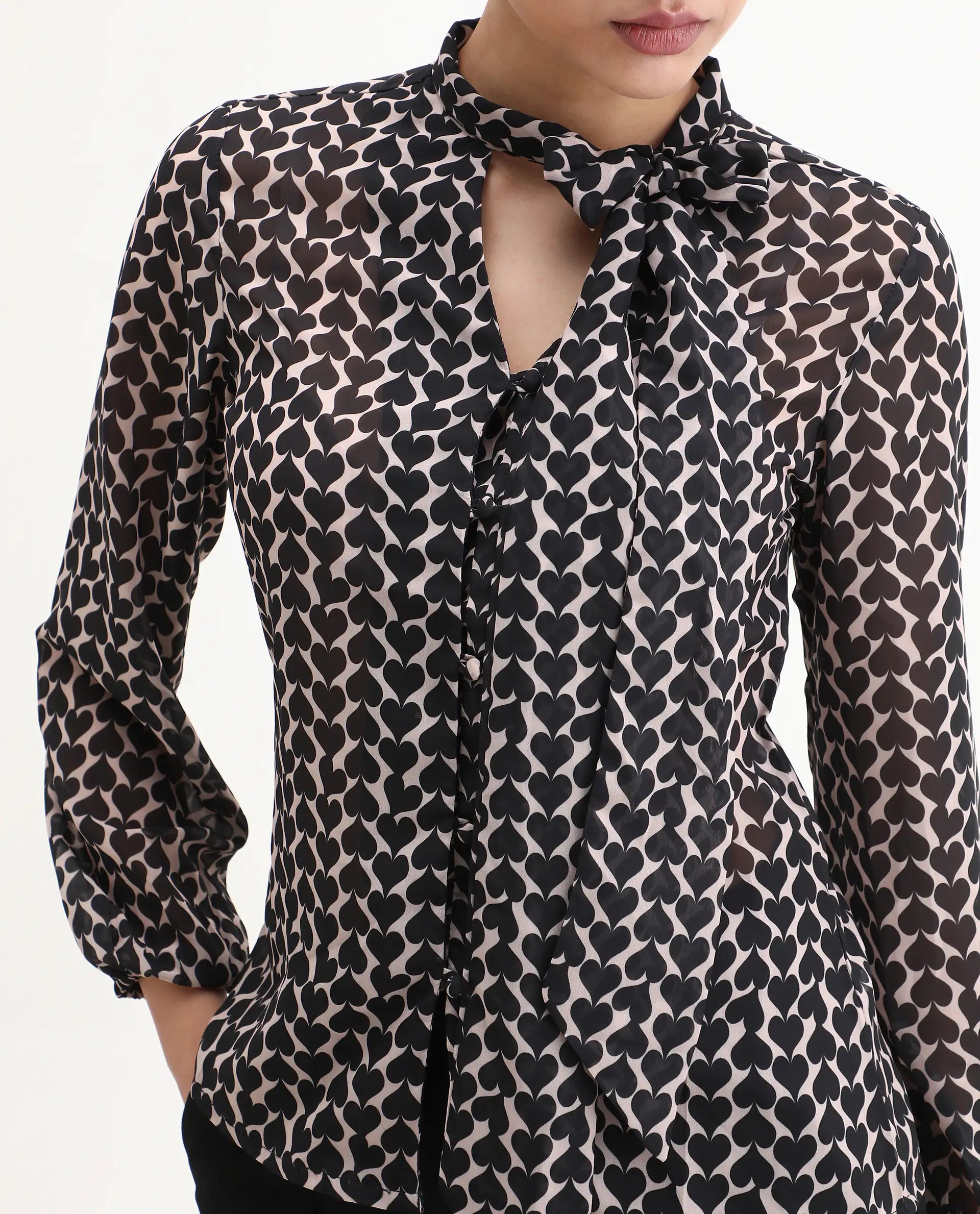 Rareism Women's Cavoi Multi Cotton Blend Tie-Up Neck Abstract Print Cuffed Sleeve Regular Fit Top