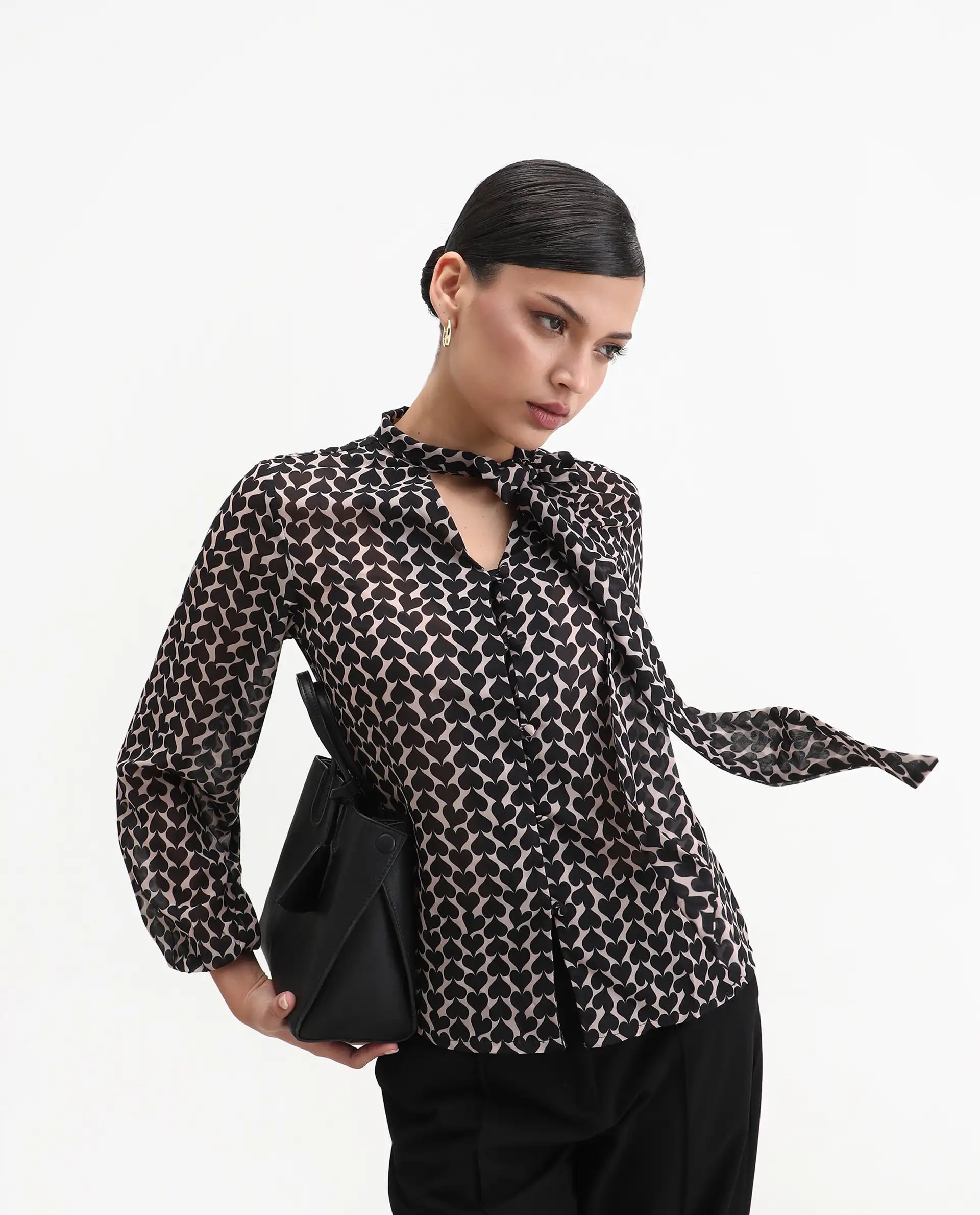 Rareism Women's Cavoi Multi Cotton Blend Tie-Up Neck Abstract Print Cuffed Sleeve Regular Fit Top