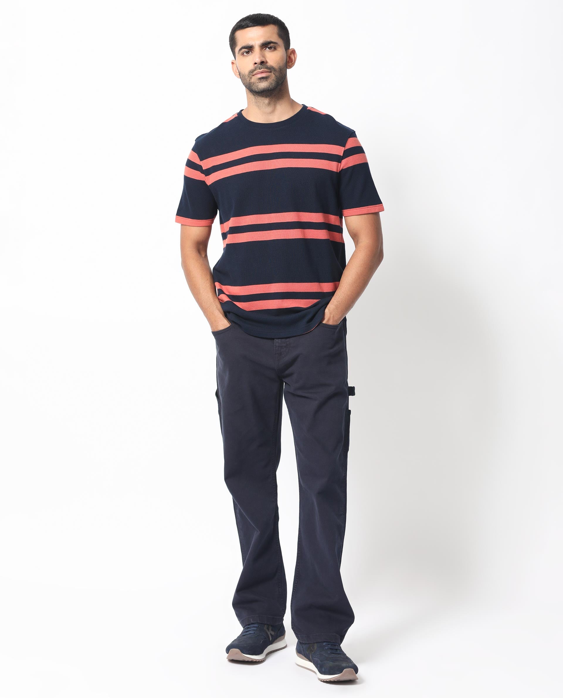 Rare Rabbit Men's Cachos Dark Navy Crew Neck Half Sleeves All Over Stripe T-Shirt