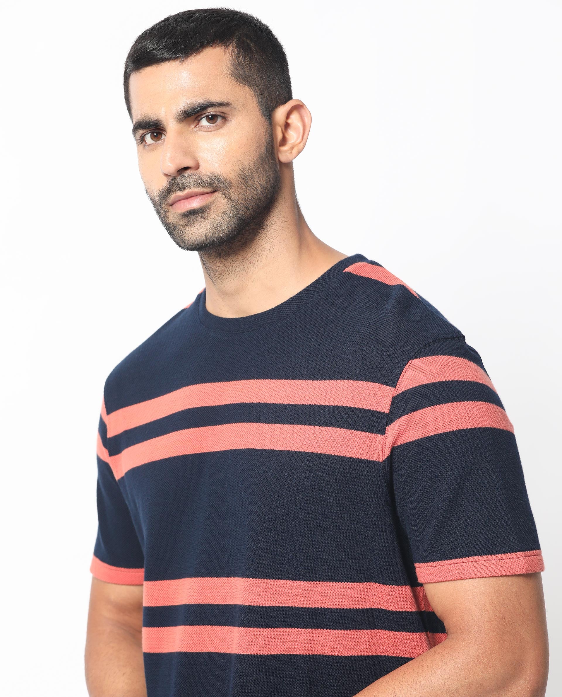 Rare Rabbit Men's Cachos Dark Navy Crew Neck Half Sleeves All Over Stripe T-Shirt
