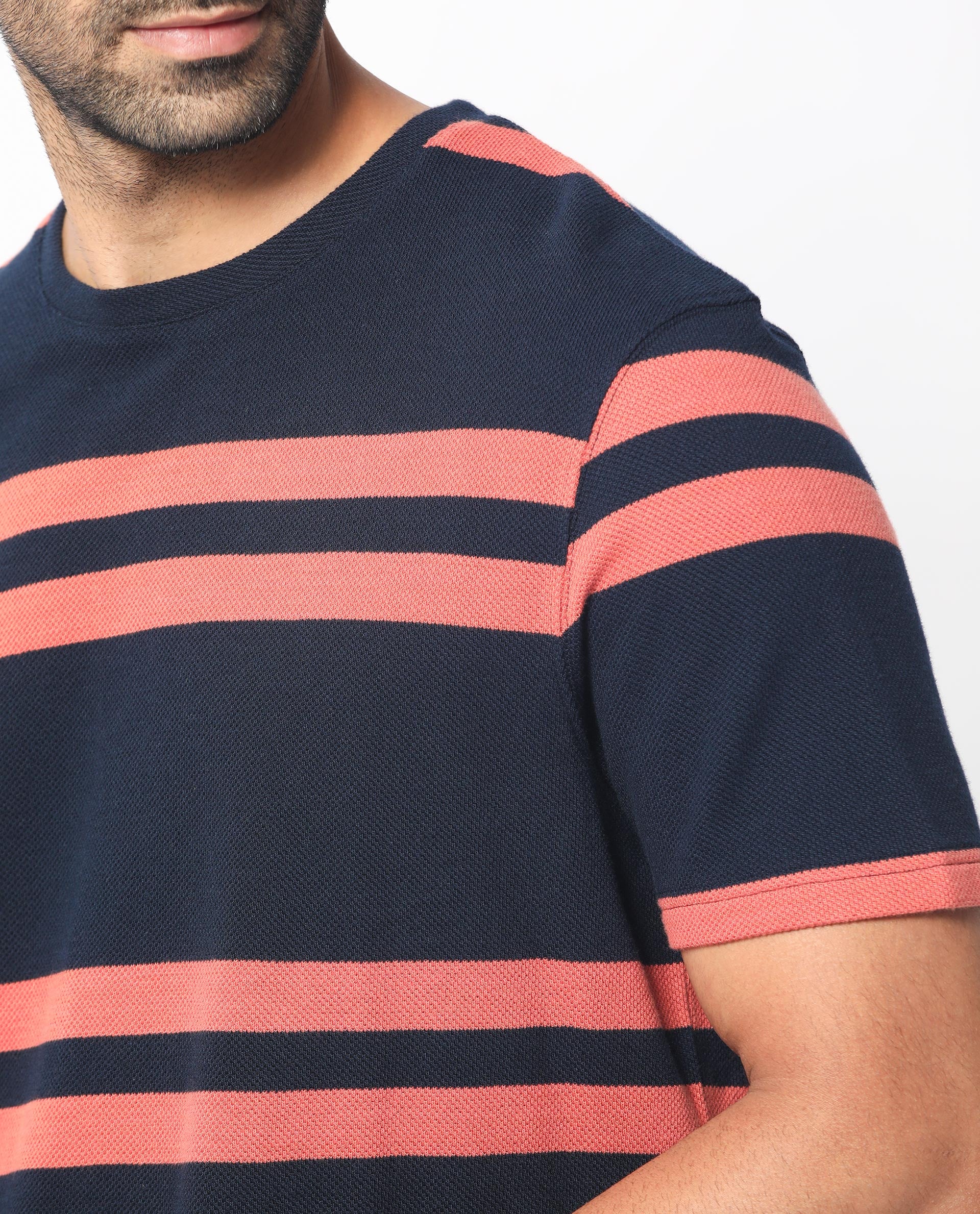 Rare Rabbit Men's Cachos Dark Navy Crew Neck Half Sleeves All Over Stripe T-Shirt