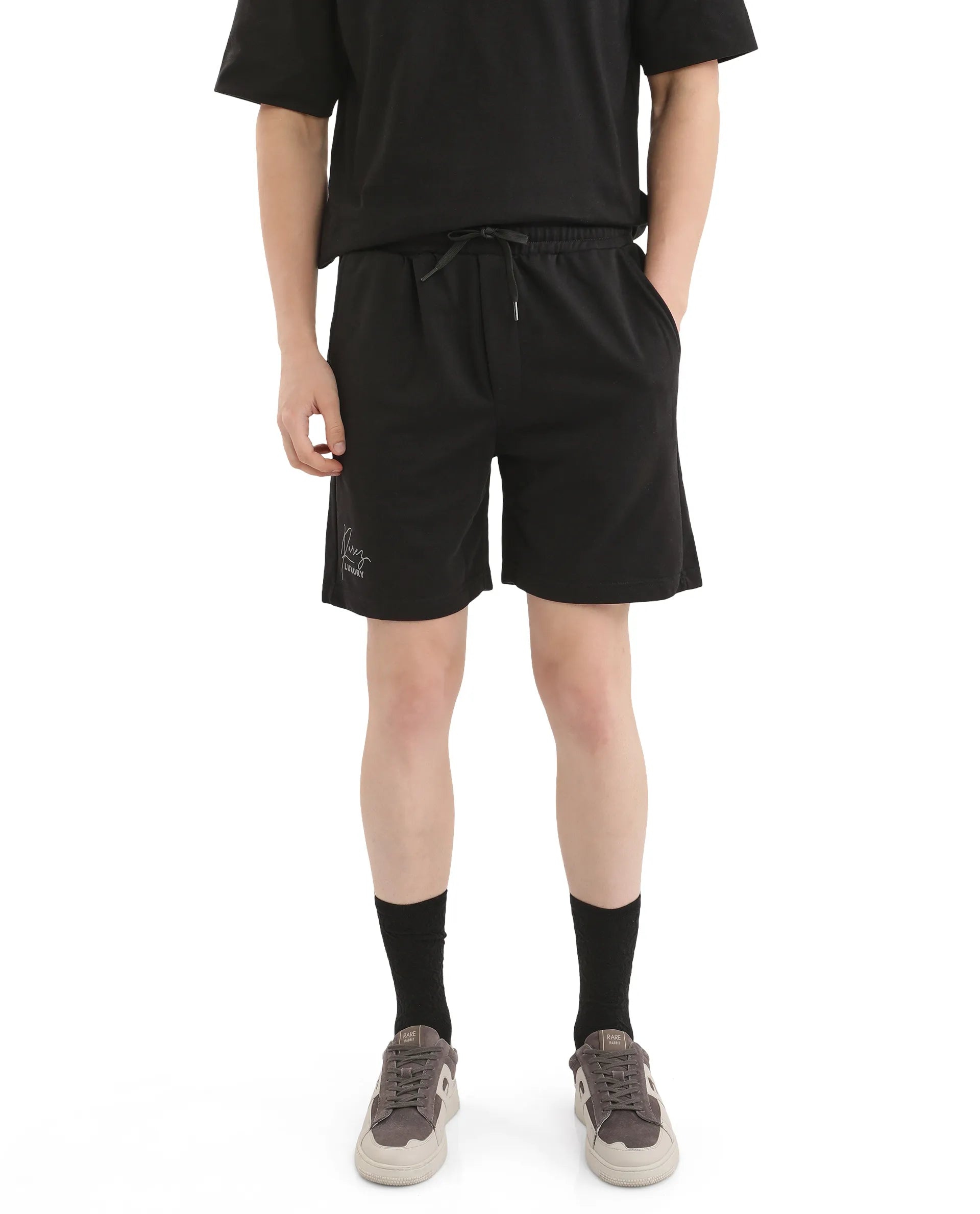 Rare Rabbit Men Cade-B Black Drawstring Closure Oversized Fit Plain Shorts