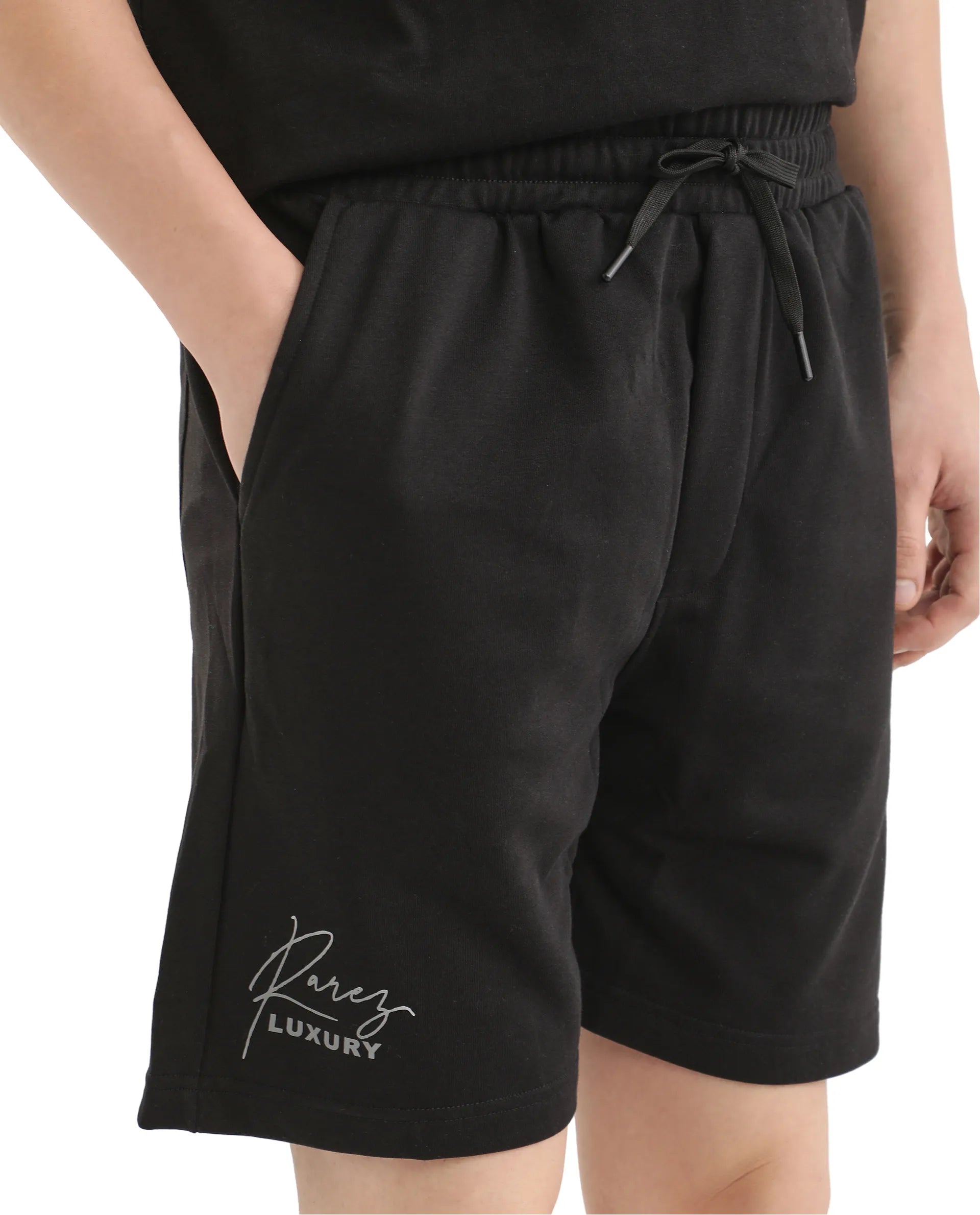 Rare Rabbit Men Cade-B Black Drawstring Closure Oversized Fit Plain Shorts