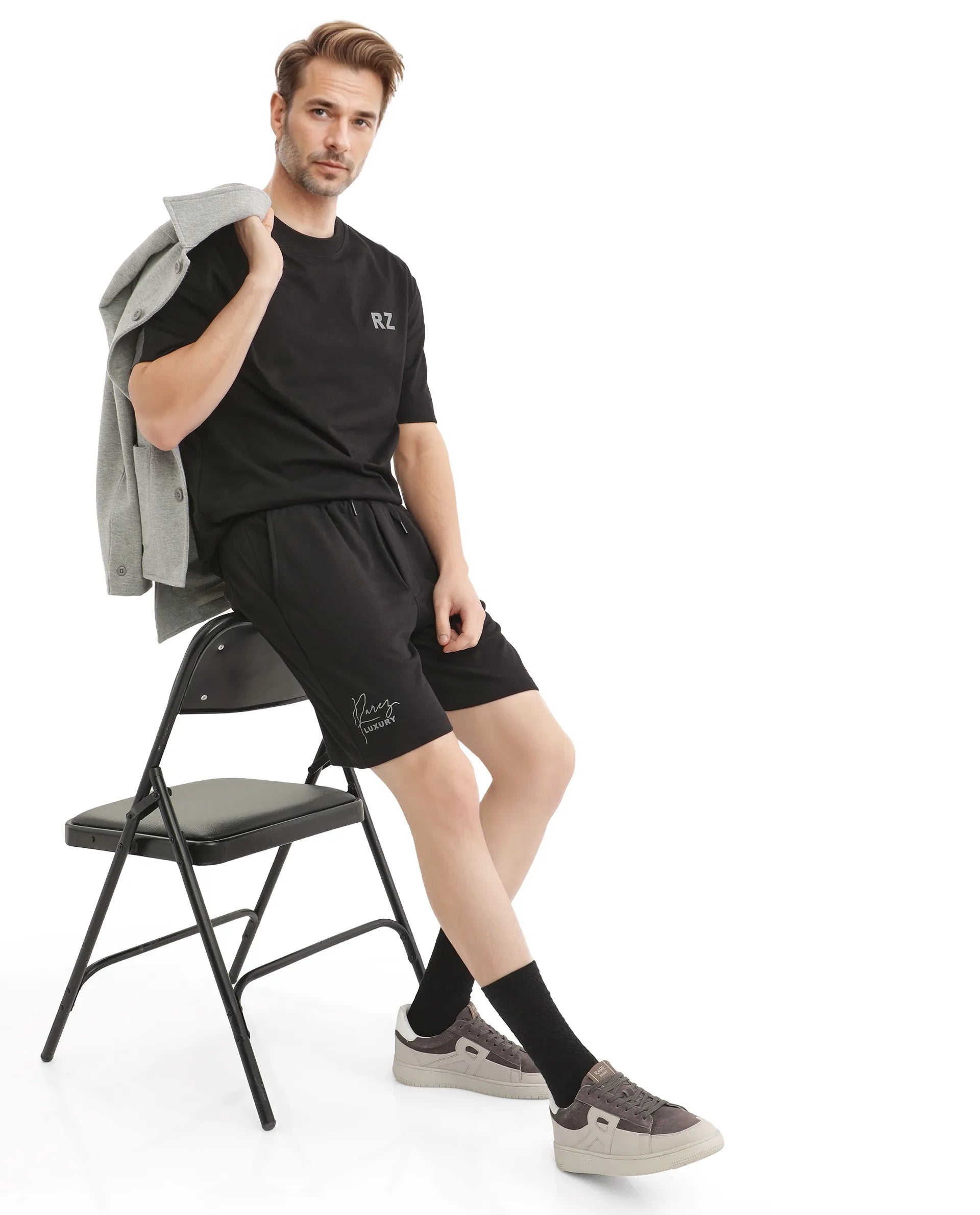 Rare Rabbit Men Cade-B Black Drawstring Closure Oversized Fit Plain Shorts