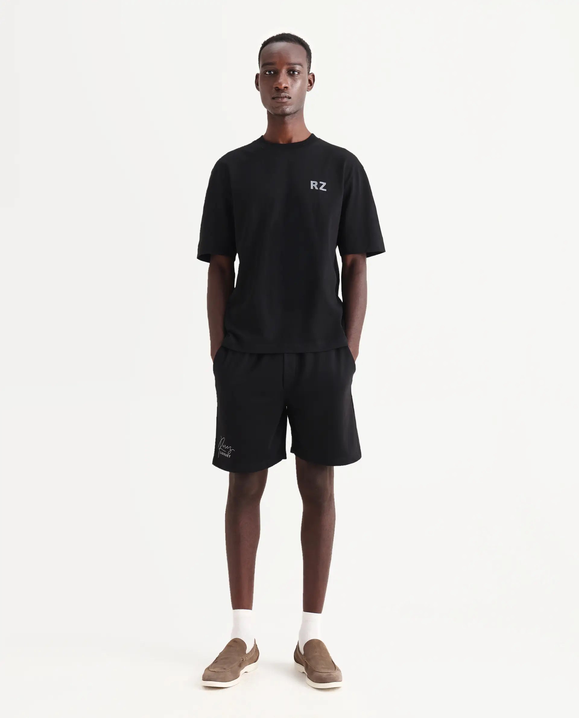 Rare Rabbit Men's Cade-B Black Cotton Typography Print Oversized Fit Shorts