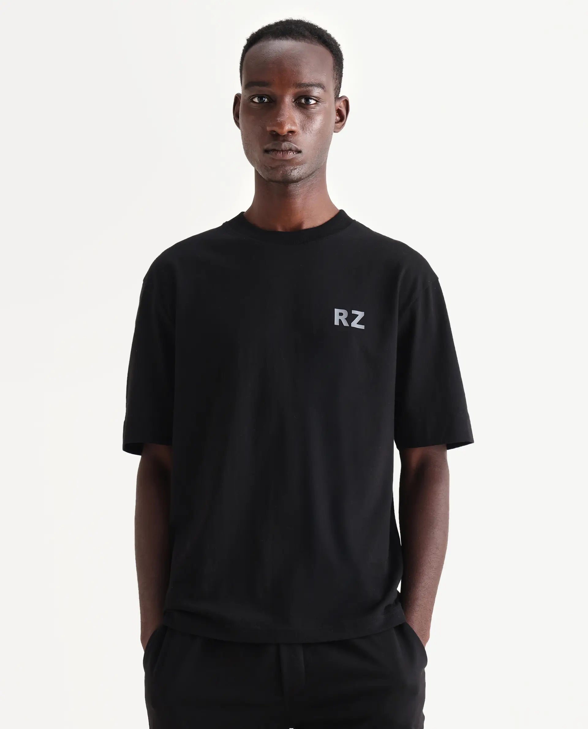 Rare Rabbit Men's Cade Black Cotton Graphic Print Oversized Fit Half Sleeve Crew Neck T-Shirt