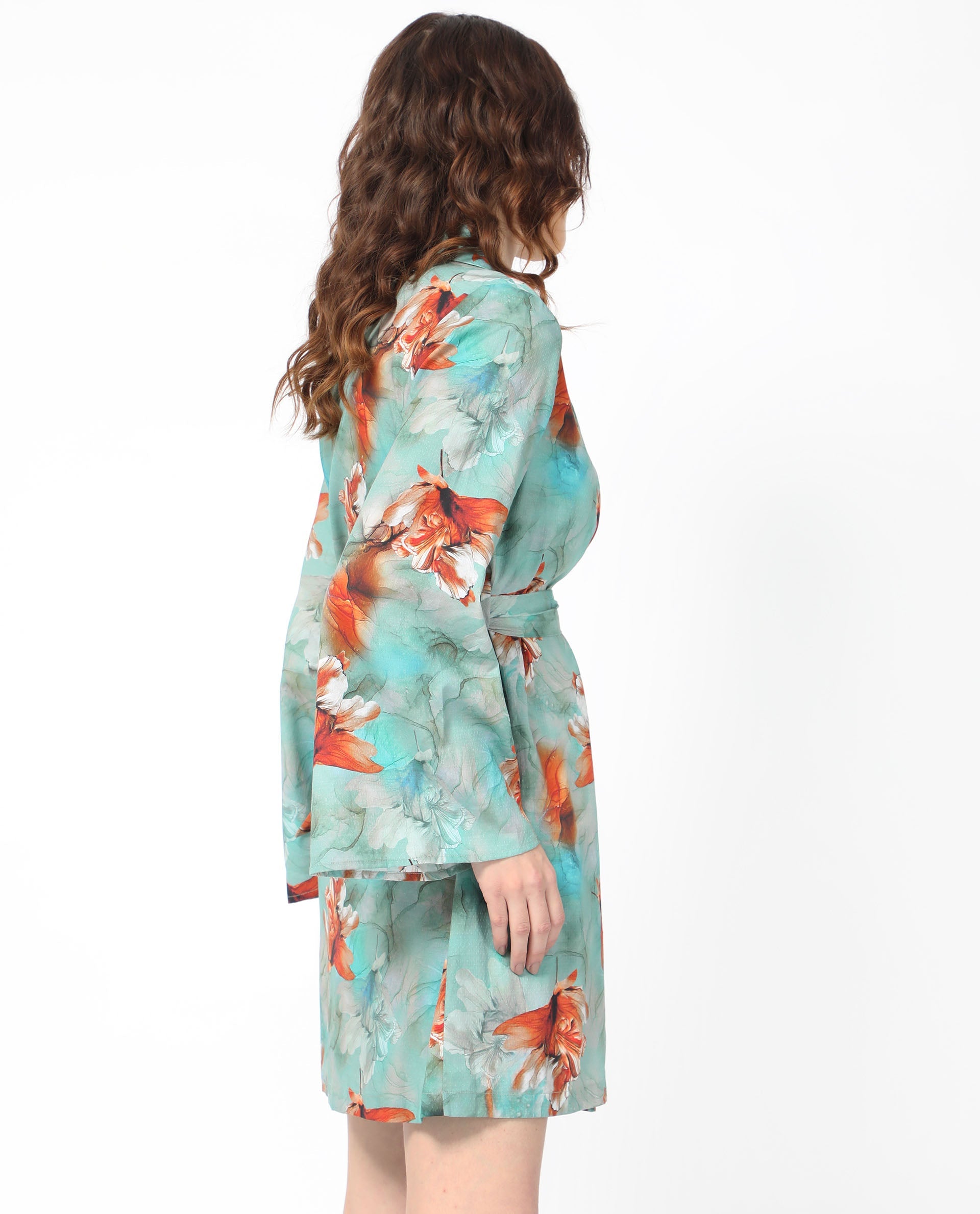 Rareism Women Caden Blue Cotton Fabric Full Sleeves Lapel Neck Bell Sleeve Regular Fit Abstract Print Short Boxy Dress