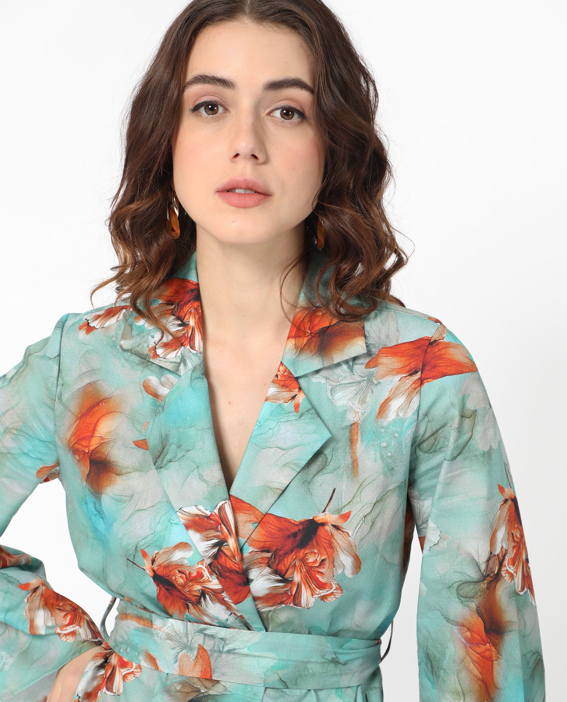 Rareism Women Caden Blue Cotton Fabric Full Sleeves Lapel Neck Bell Sleeve Regular Fit Abstract Print Short Boxy Dress