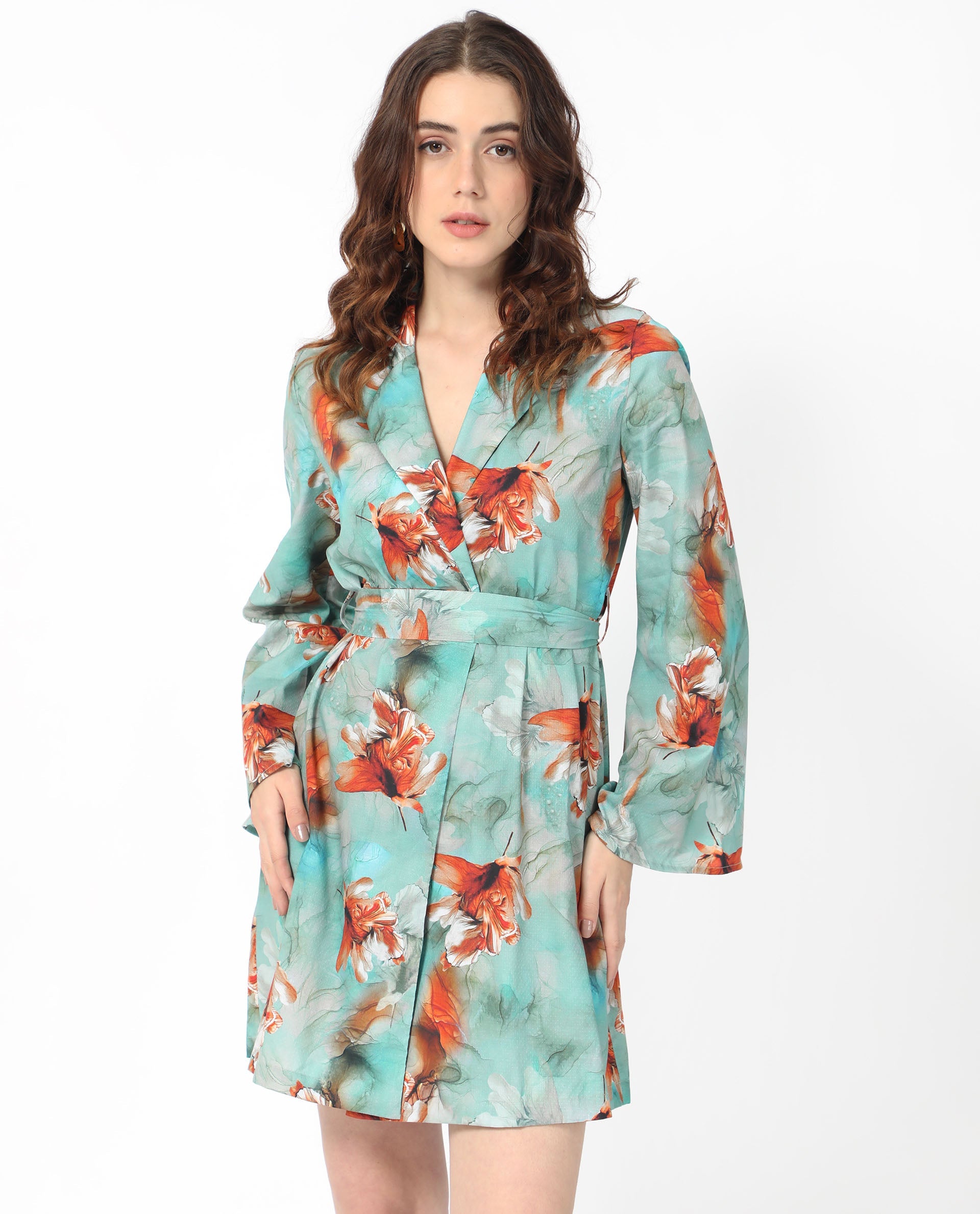 Rareism Women Caden Blue Cotton Fabric Full Sleeves Lapel Neck Bell Sleeve Regular Fit Abstract Print Short Boxy Dress