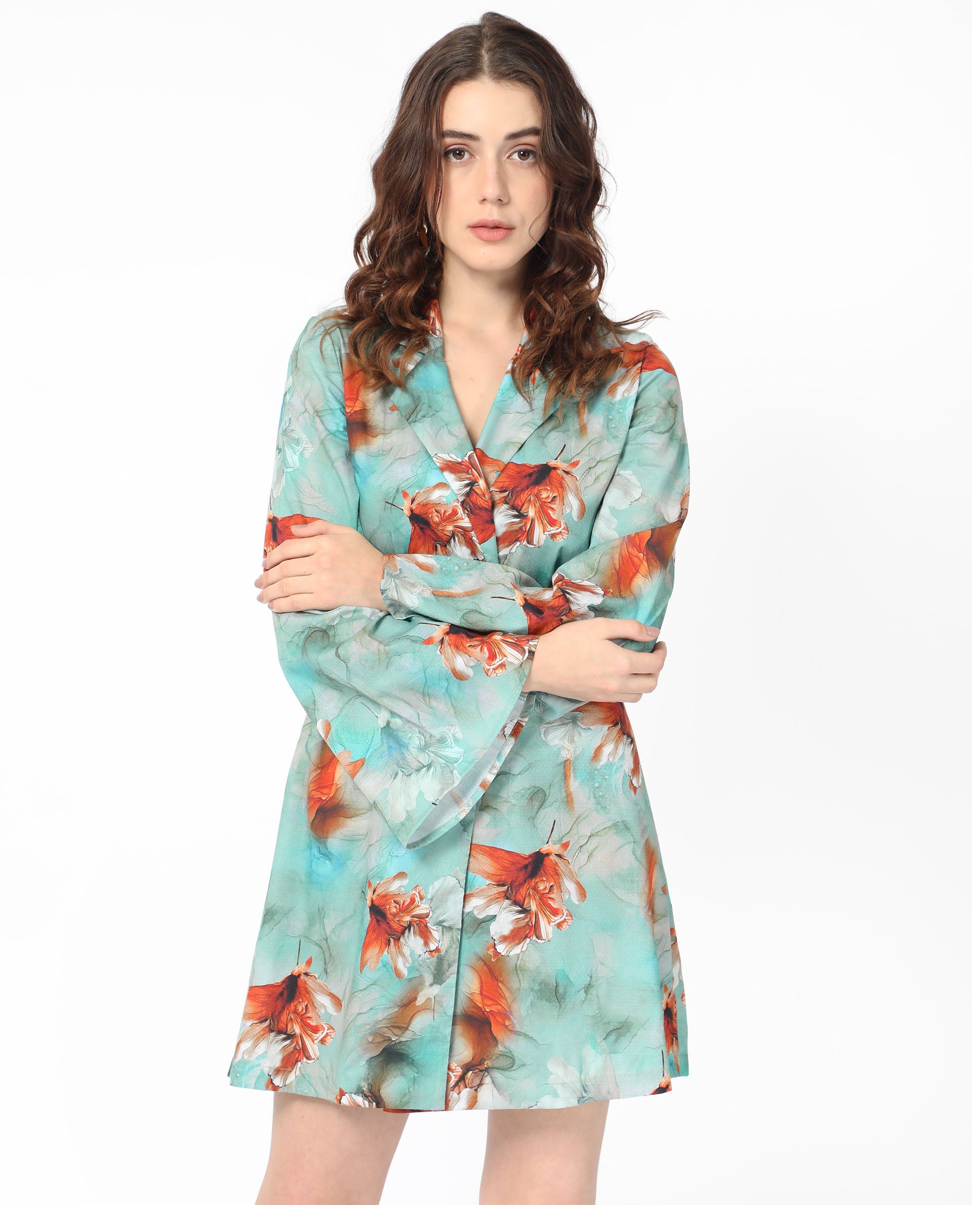 Rareism Women Caden Blue Cotton Fabric Full Sleeves Lapel Neck Bell Sleeve Regular Fit Abstract Print Short Boxy Dress