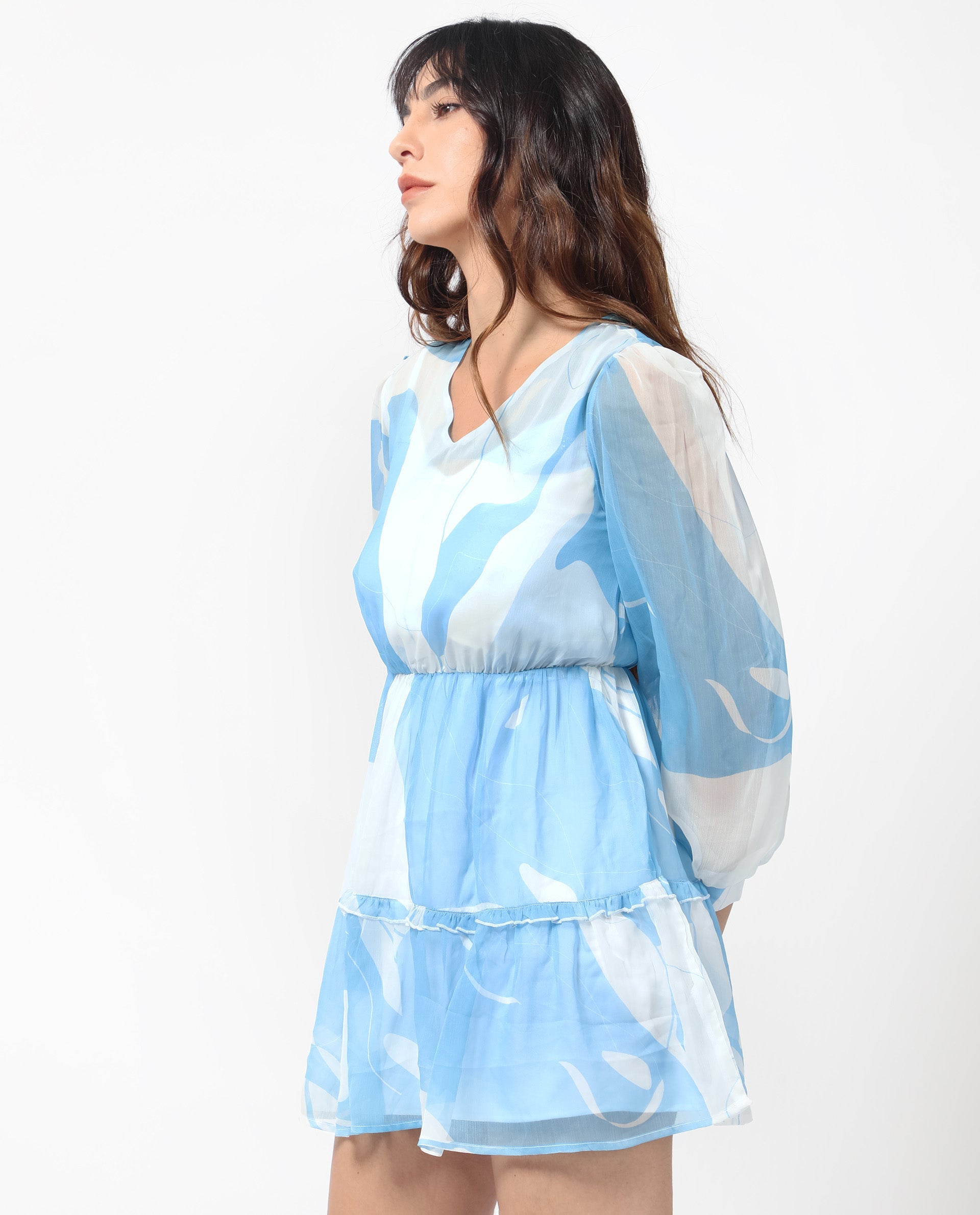 Rareism Women Cadence Blue Polyester Fabric 3/4Th Sleeves V-Neck Regular Fit Abstract Print Short Boxy Dress