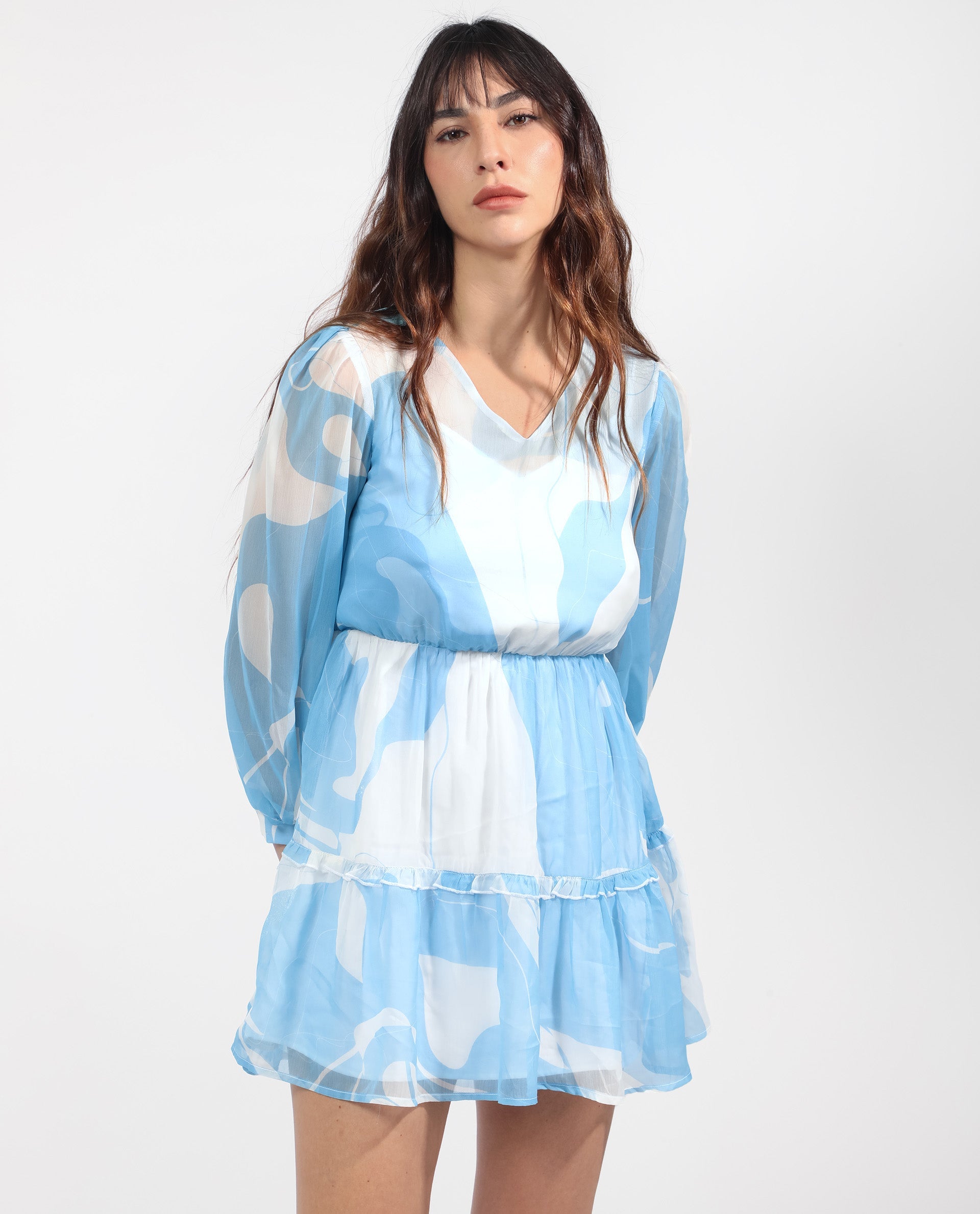 Rareism Women Cadence Blue Polyester Fabric 3/4Th Sleeves V-Neck Regular Fit Abstract Print Short Boxy Dress