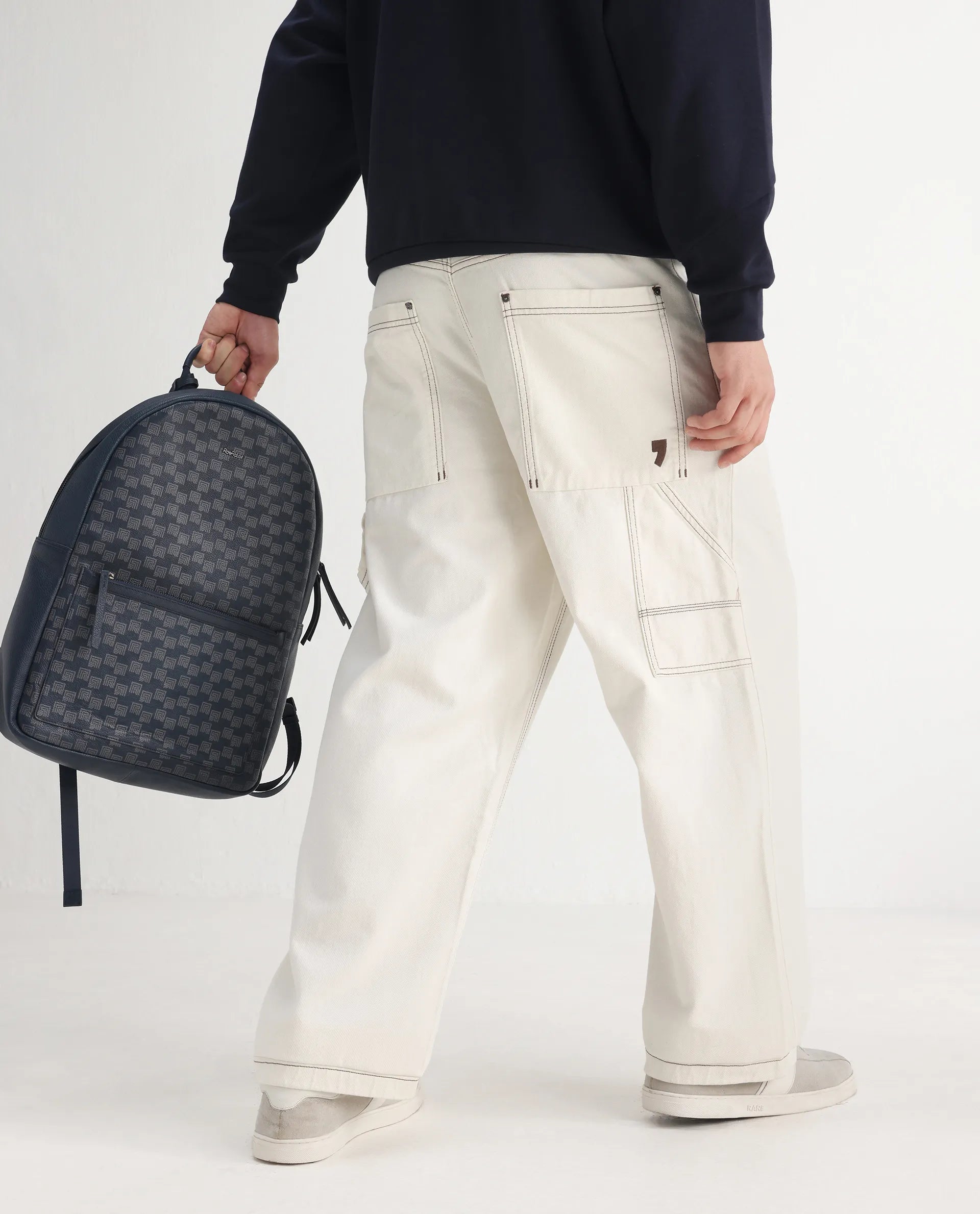 Rare Rabbit Men's Cade White Cotton Plain Baggy Fit Jeans