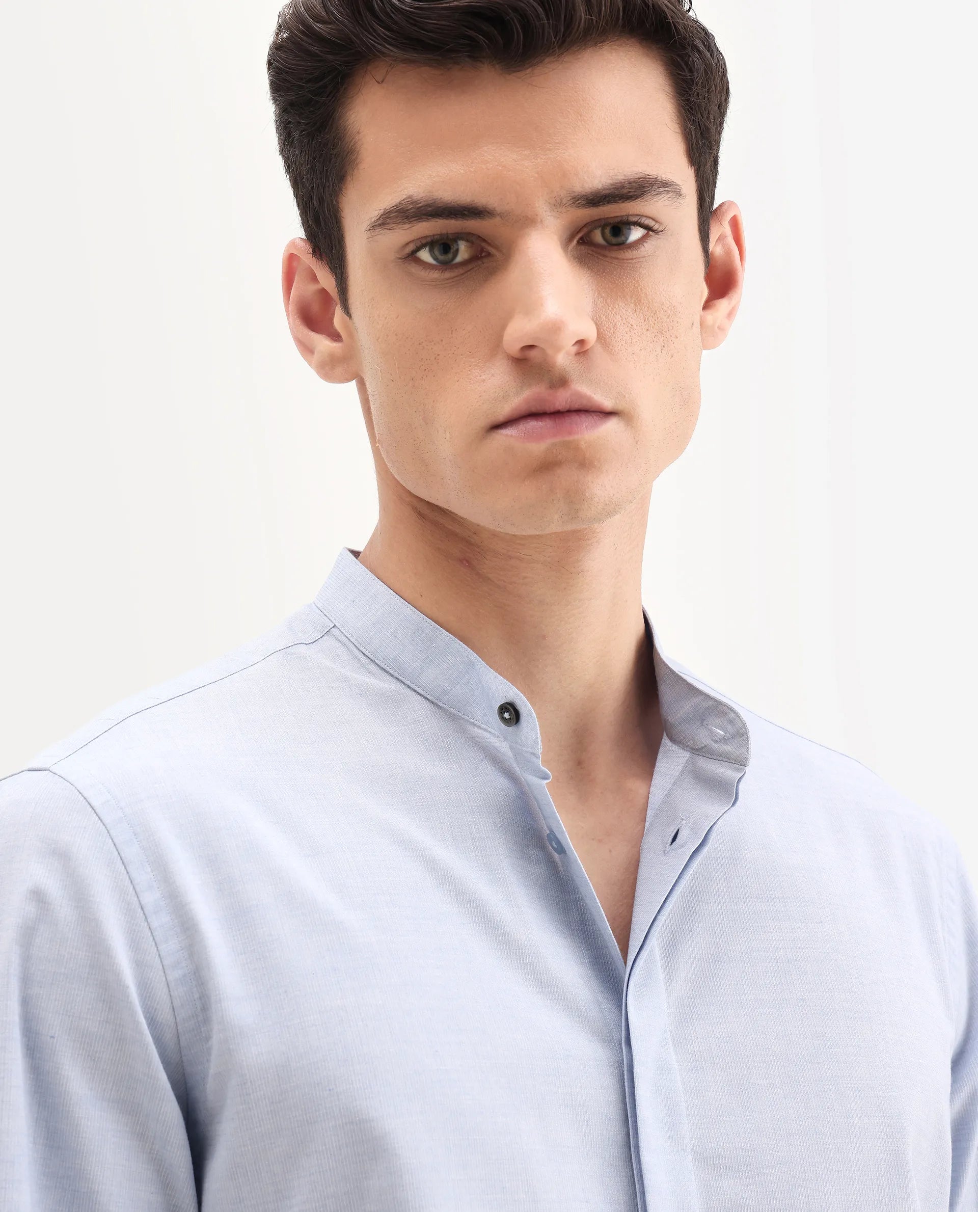 Rare Rabbit Men's Cadmi-25 Blue Cotton Blend Fabric Mandarin Collar Regular Fit Plain Shirt