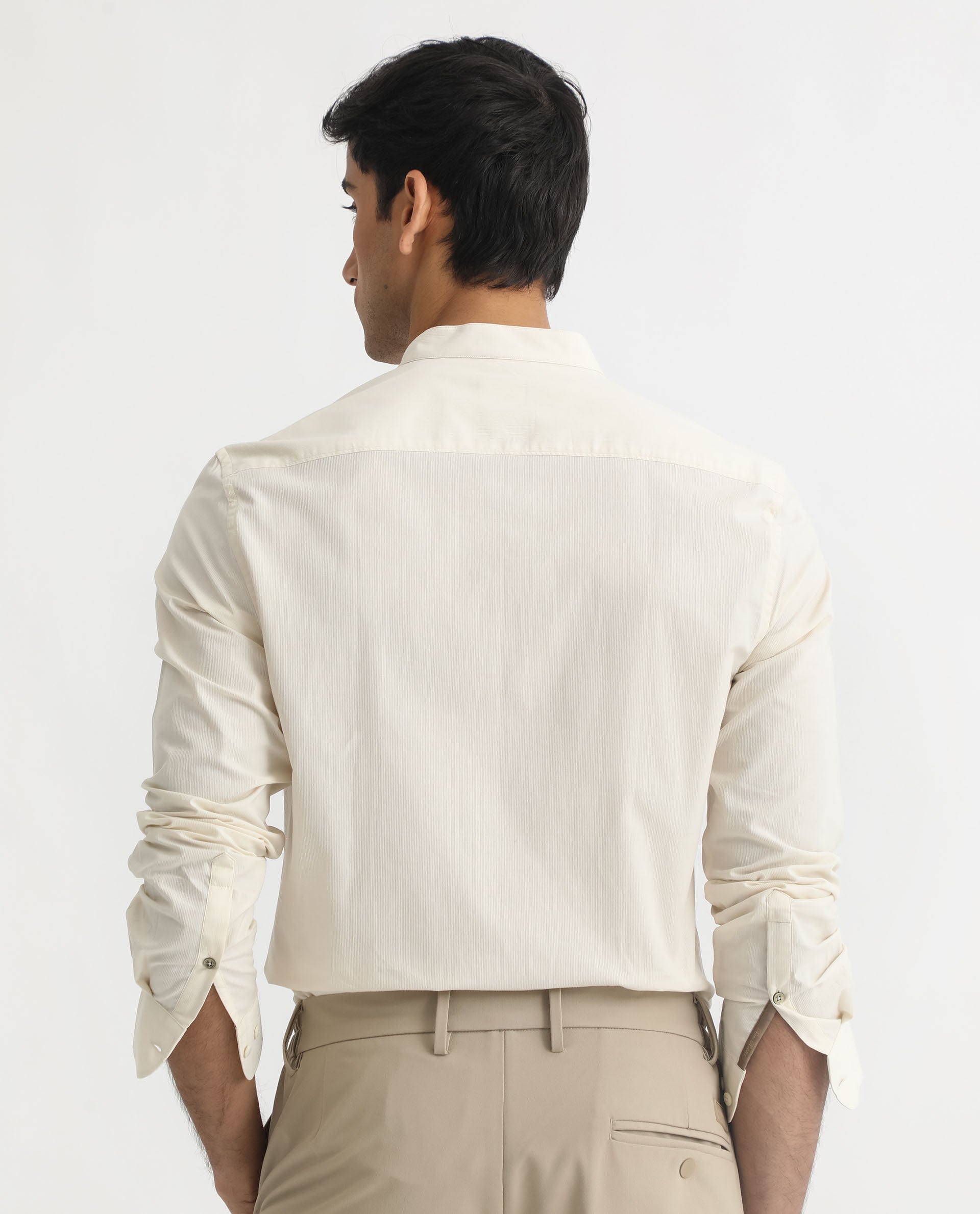 Rare Rabbit Men's Cadmi Light Yellow Mandarin Collar Dobby Full Sleeves Solid Shirt