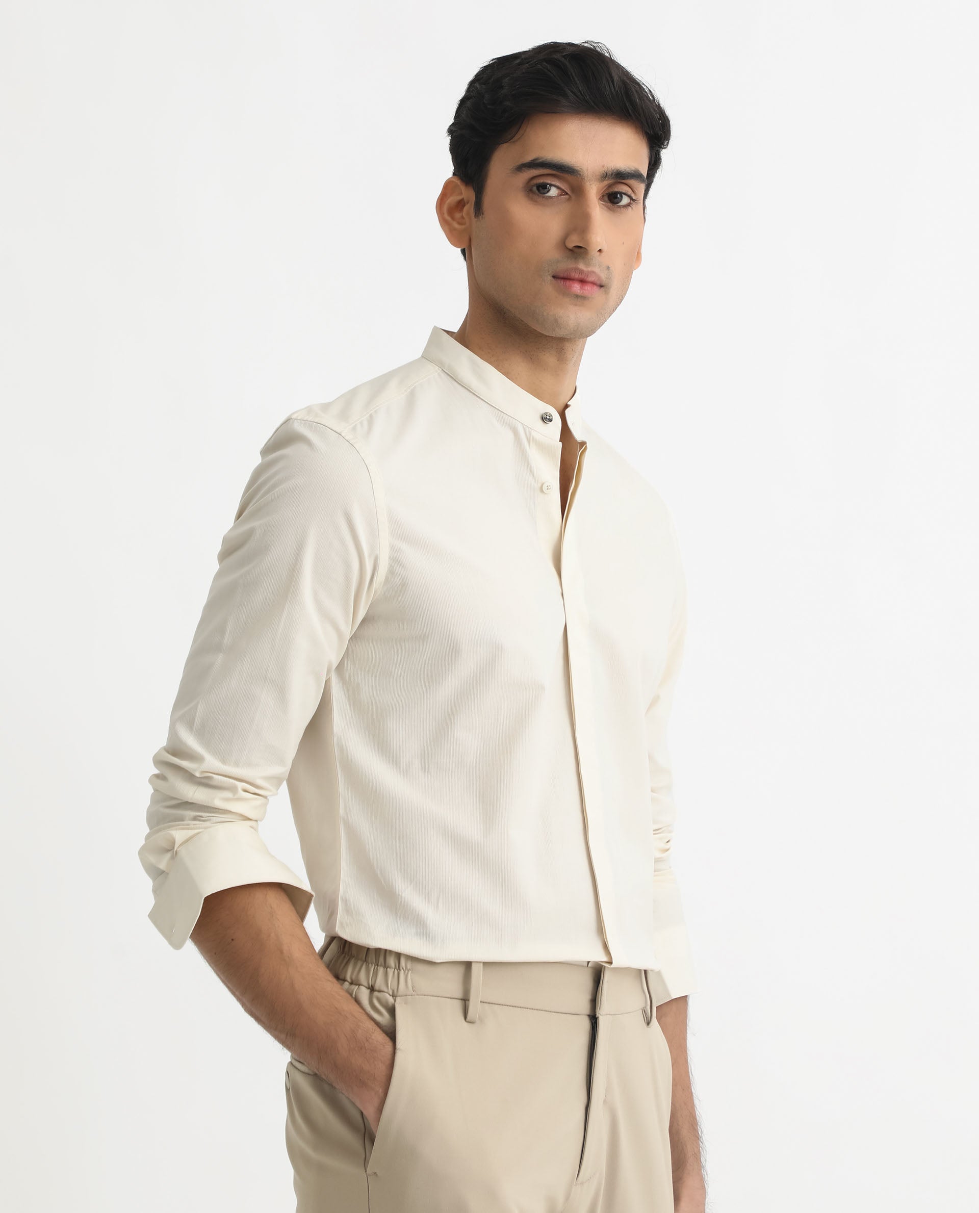 Rare Rabbit Men's Cadmi Light Yellow Mandarin Collar Dobby Full Sleeves Solid Shirt