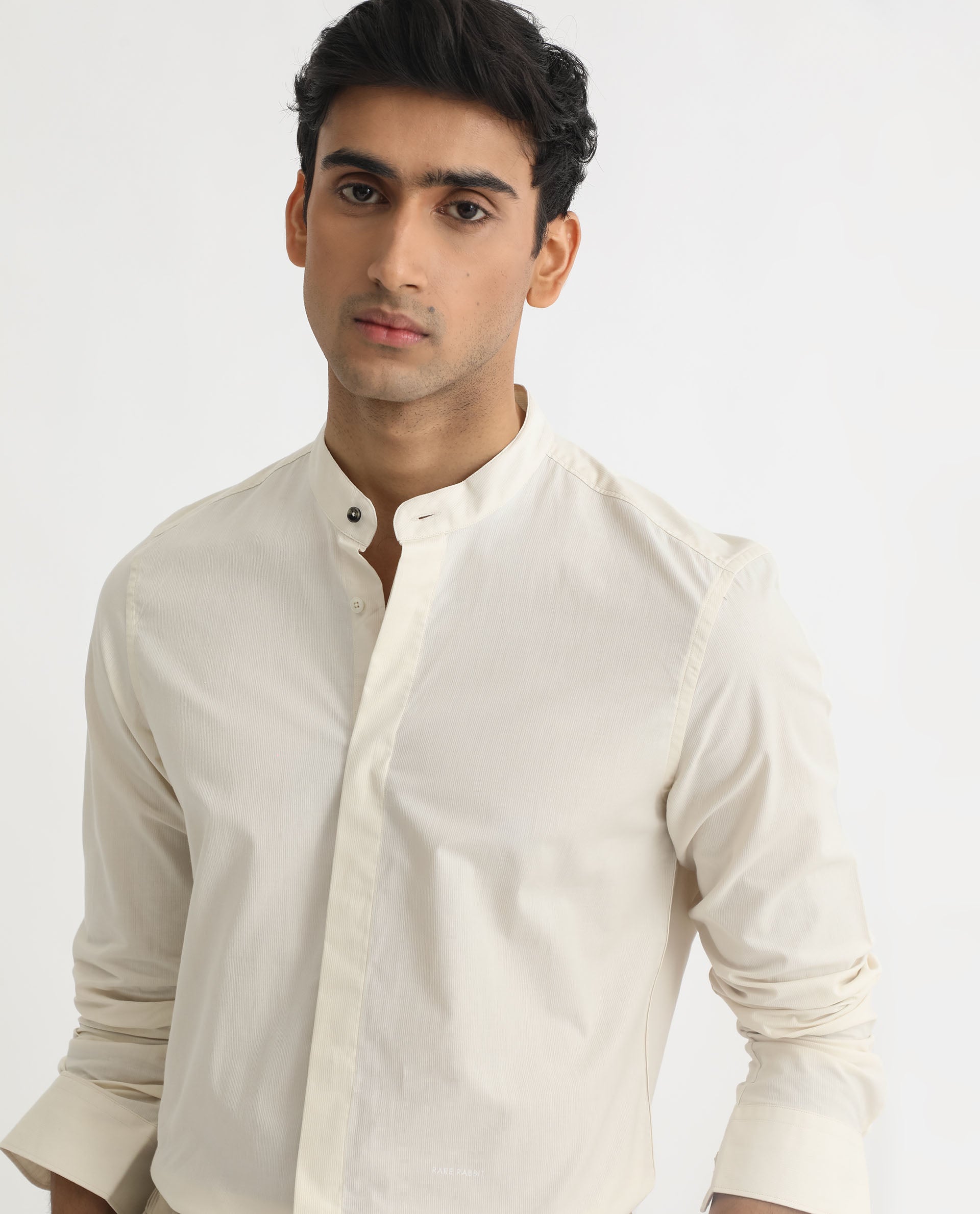 Rare Rabbit Men's Cadmi Light Yellow Mandarin Collar Dobby Full Sleeves Solid Shirt