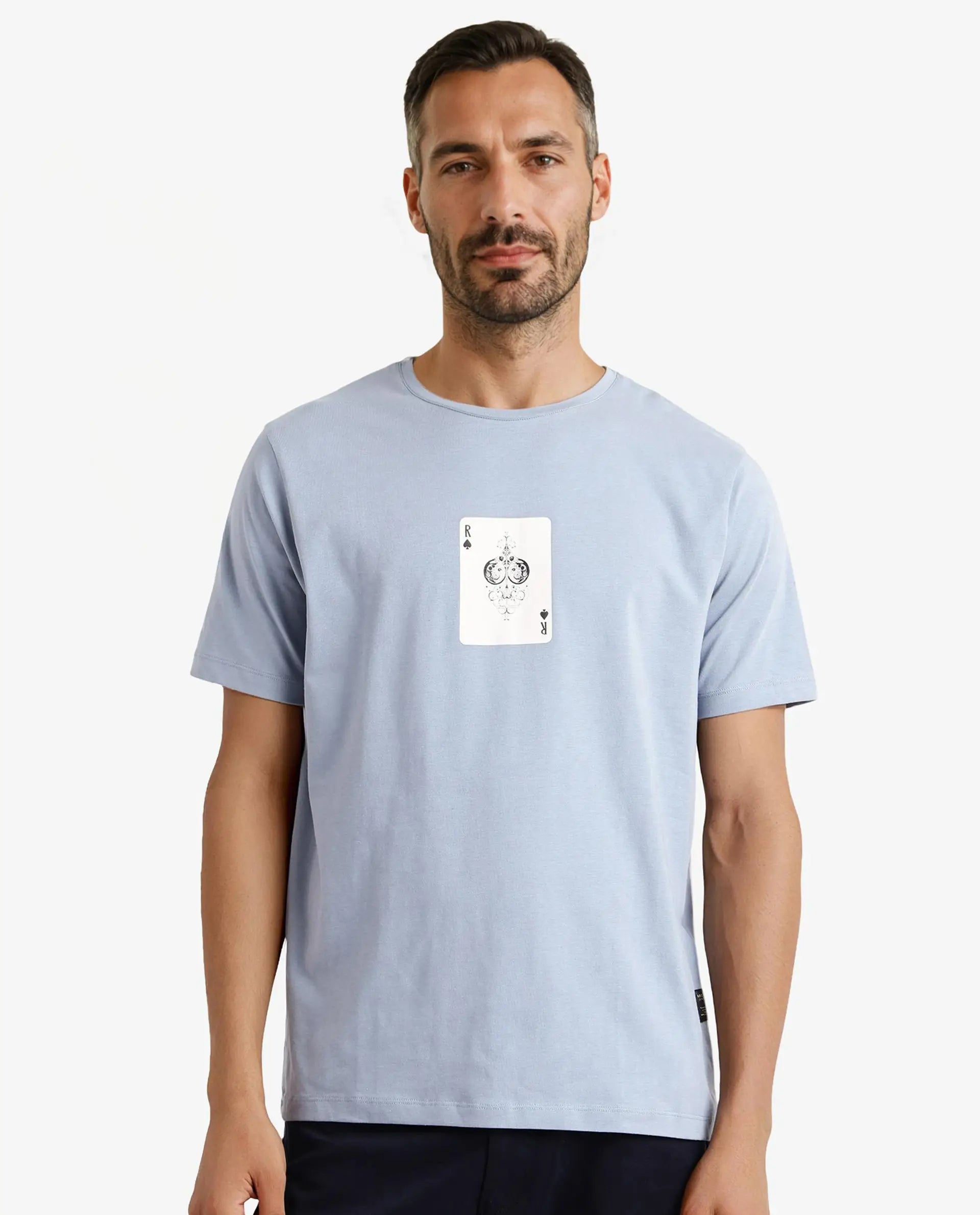 Rare Rabbit Men Caf Dusky Blue Short Sleeve Crew Neck Graphic Print T-Shirt