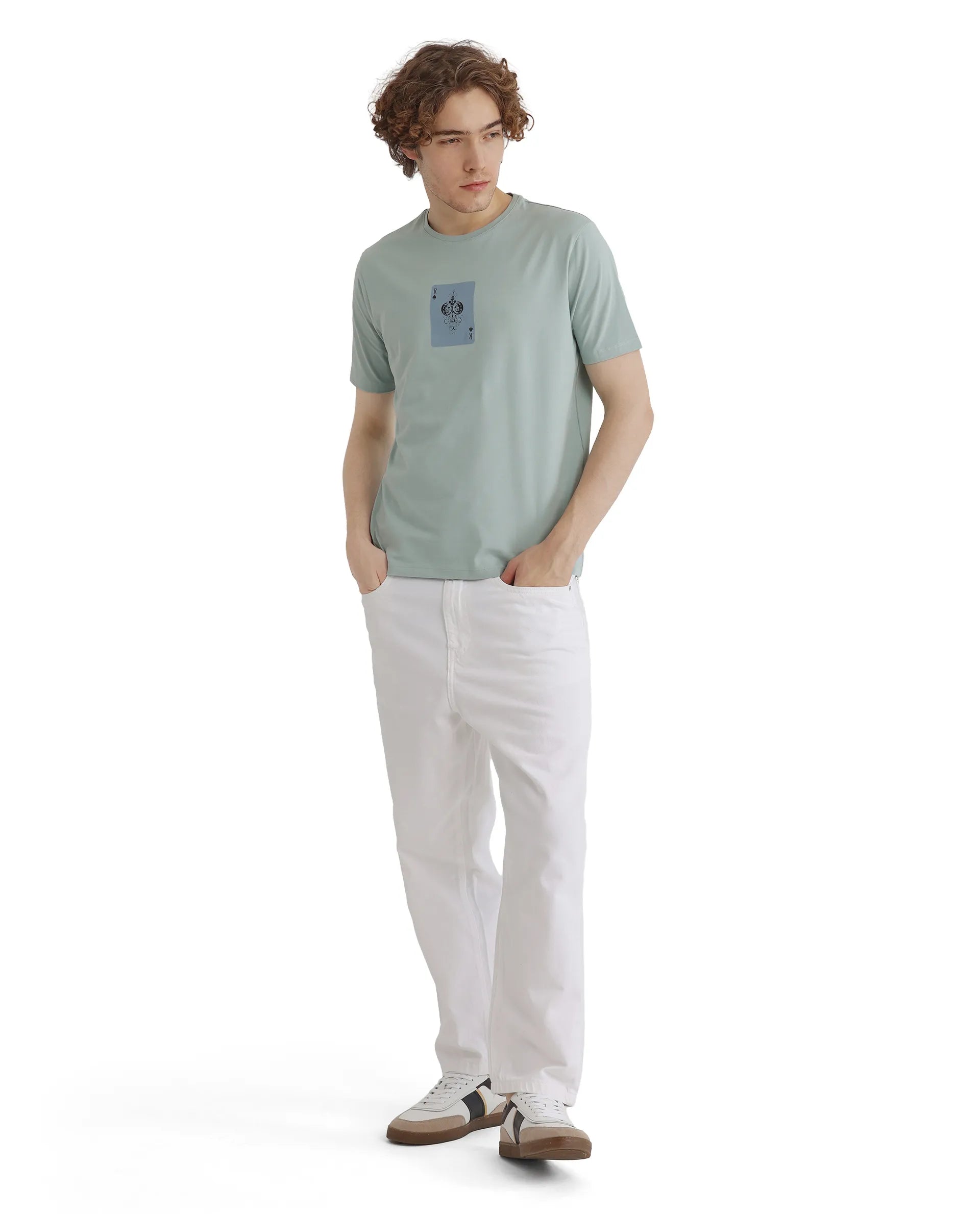 Rare Rabbit Men Caf Dusky Green Short Sleeve Crew Neck Graphic Print T-Shirt