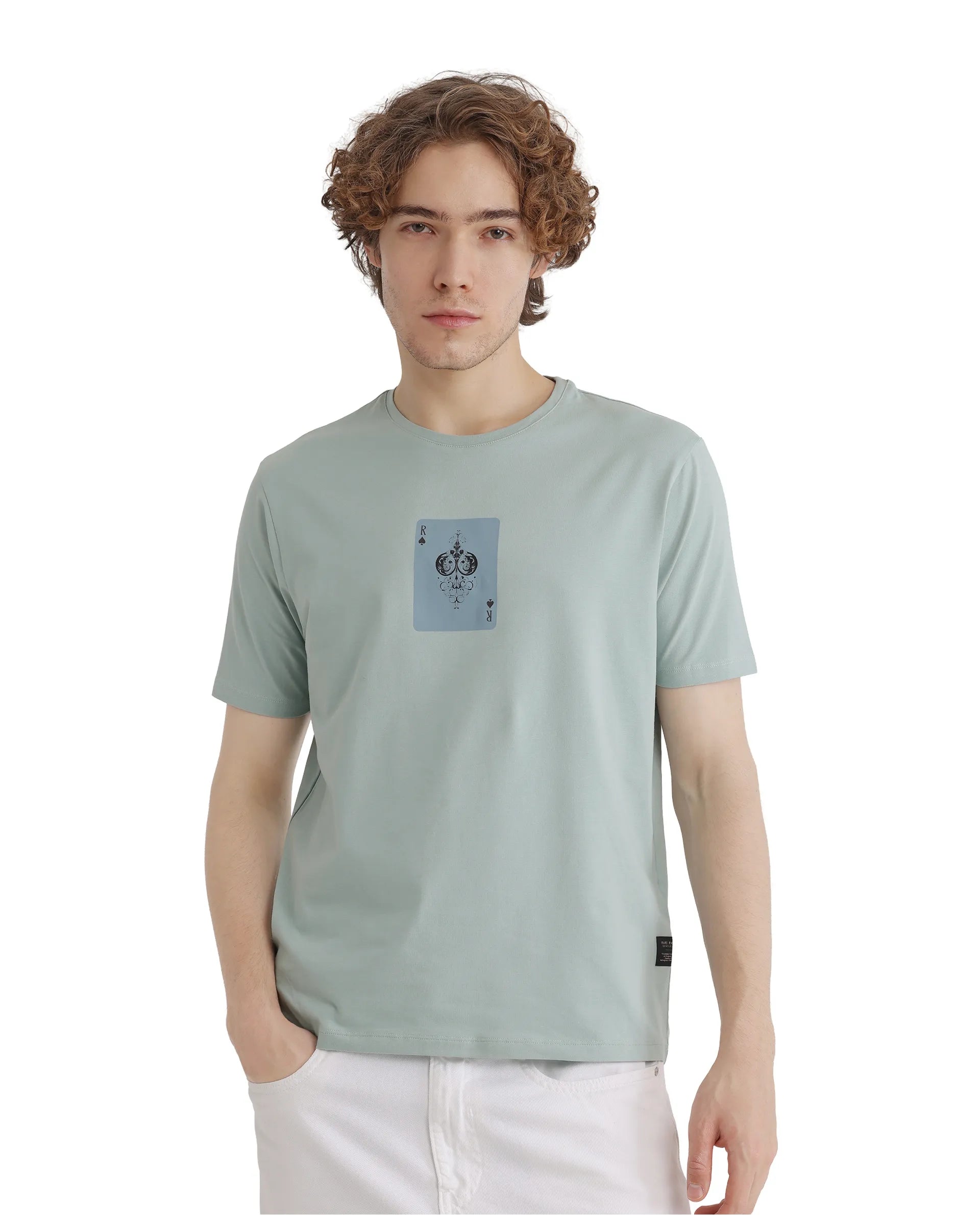 Rare Rabbit Men Caf Dusky Green Short Sleeve Crew Neck Graphic Print T-Shirt