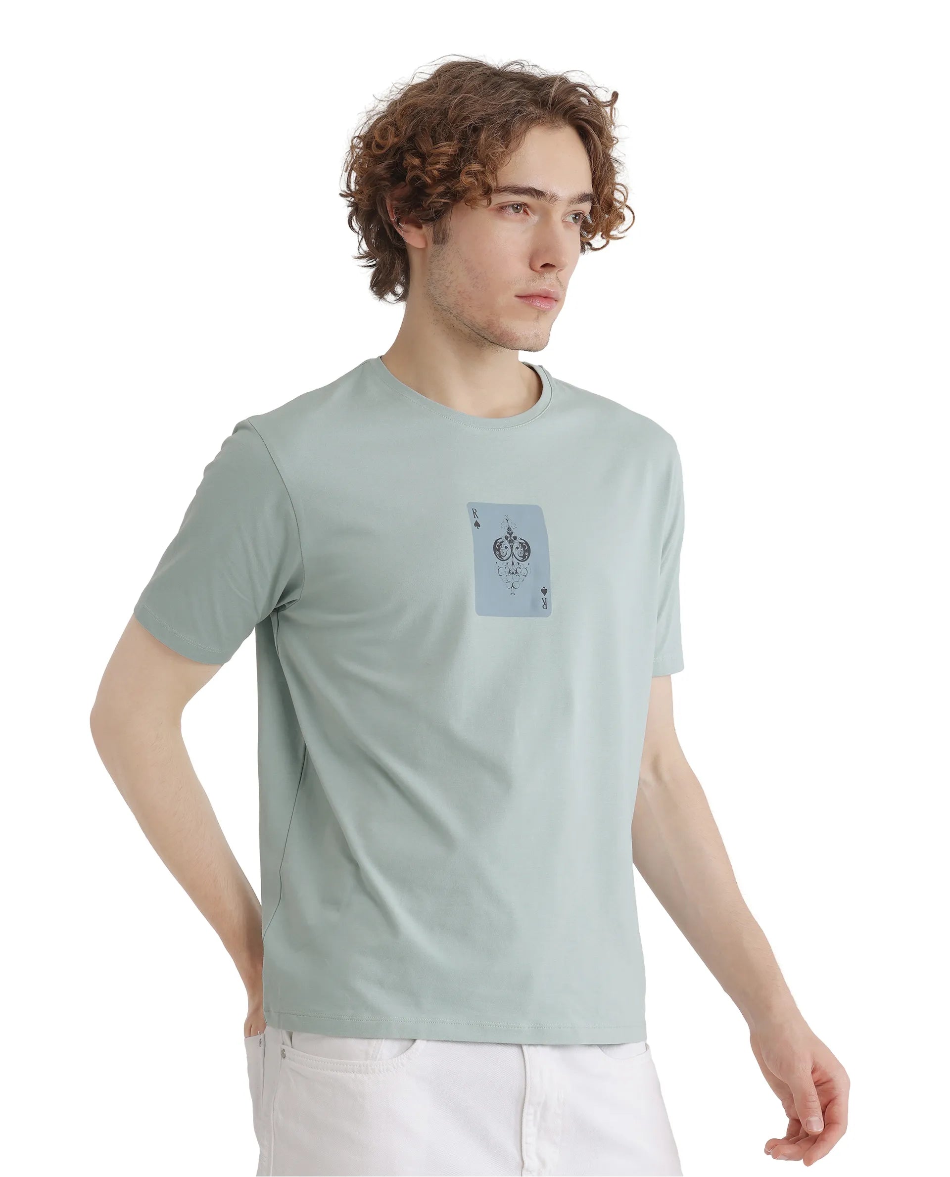 Rare Rabbit Men Caf Dusky Green Short Sleeve Crew Neck Graphic Print T-Shirt