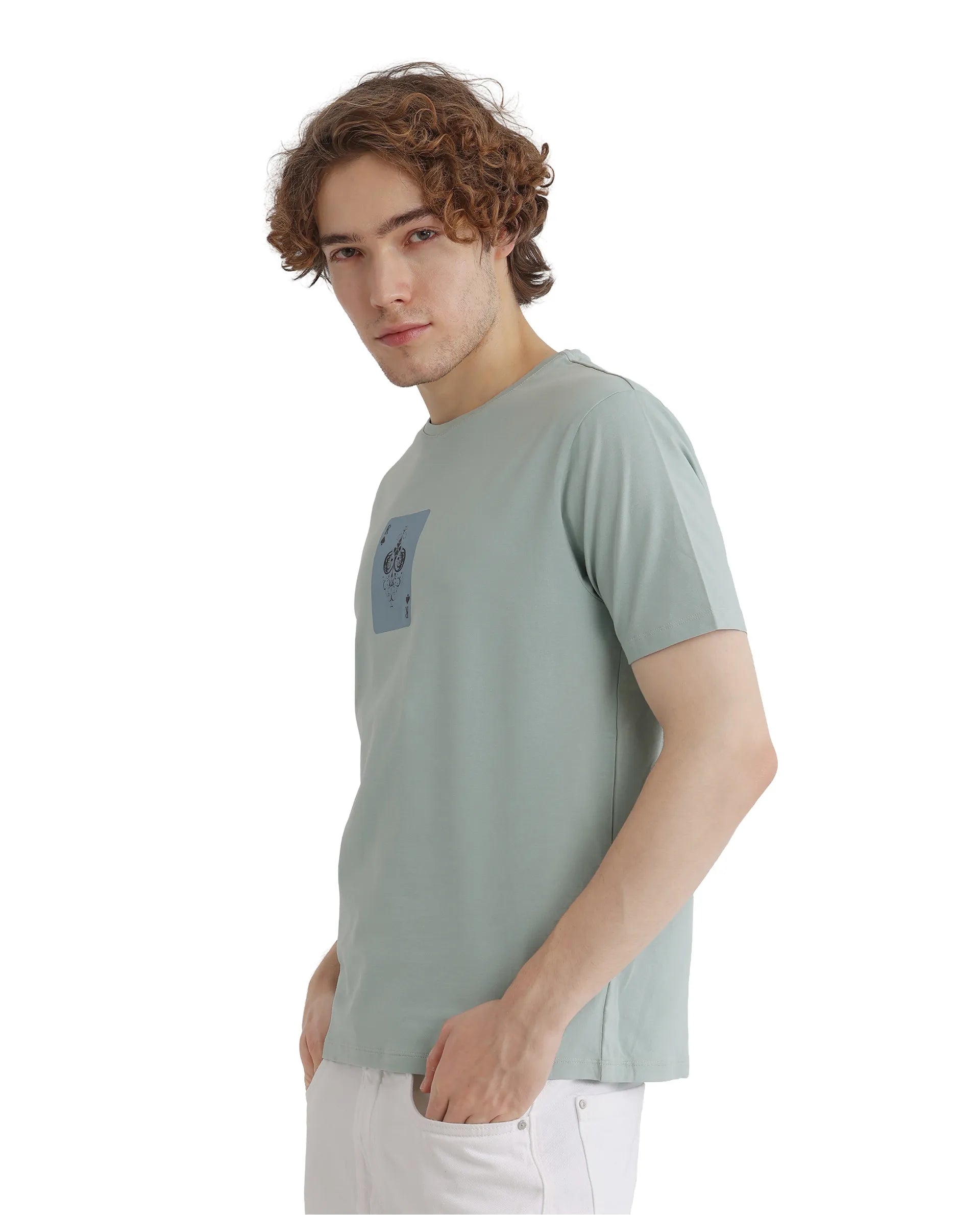 Rare Rabbit Men Caf Dusky Green Short Sleeve Crew Neck Graphic Print T-Shirt