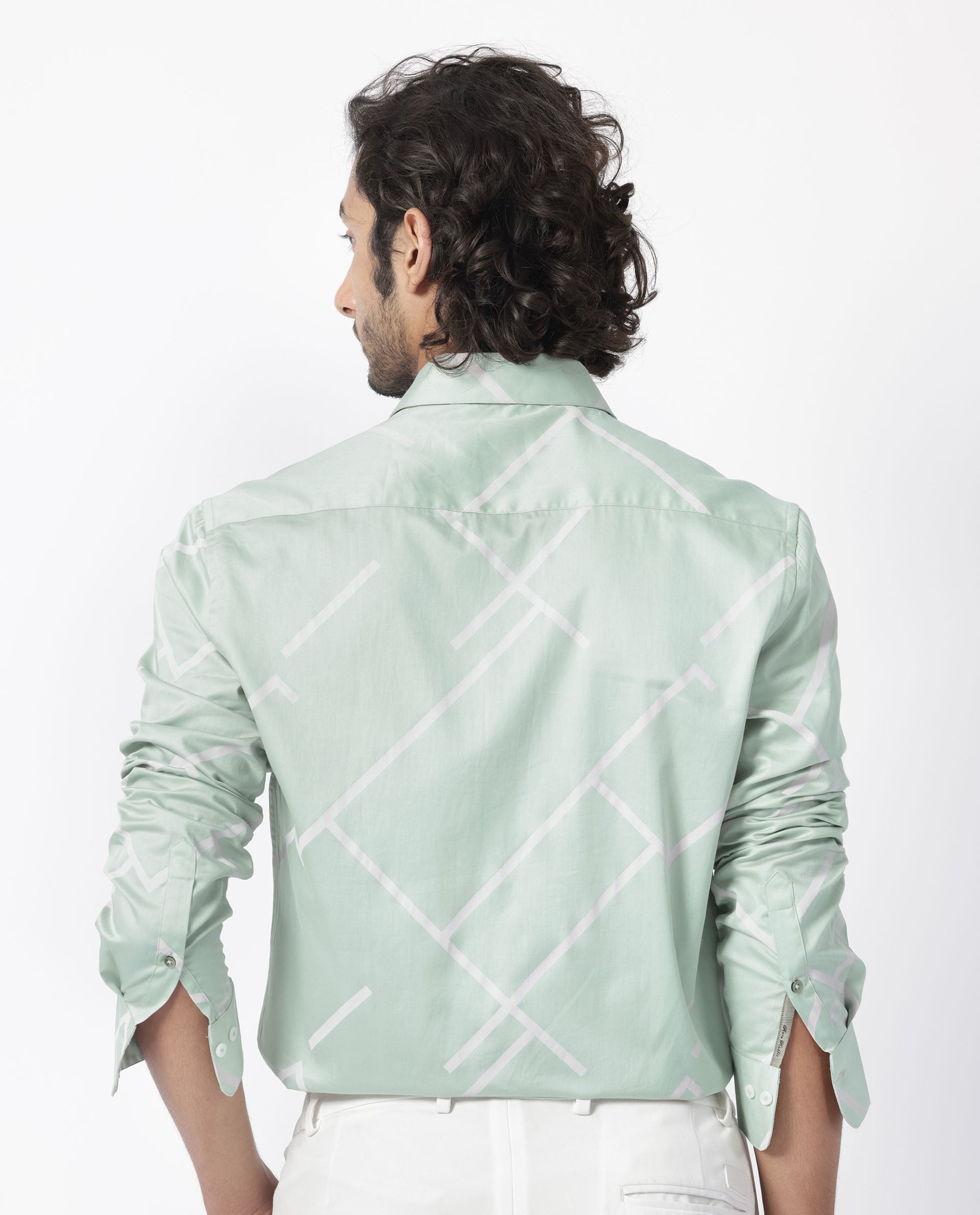 Rare Rabbit Men's Cagen Pastel Green Viscose Fabric Geometric Print Full Sleeves Shirt