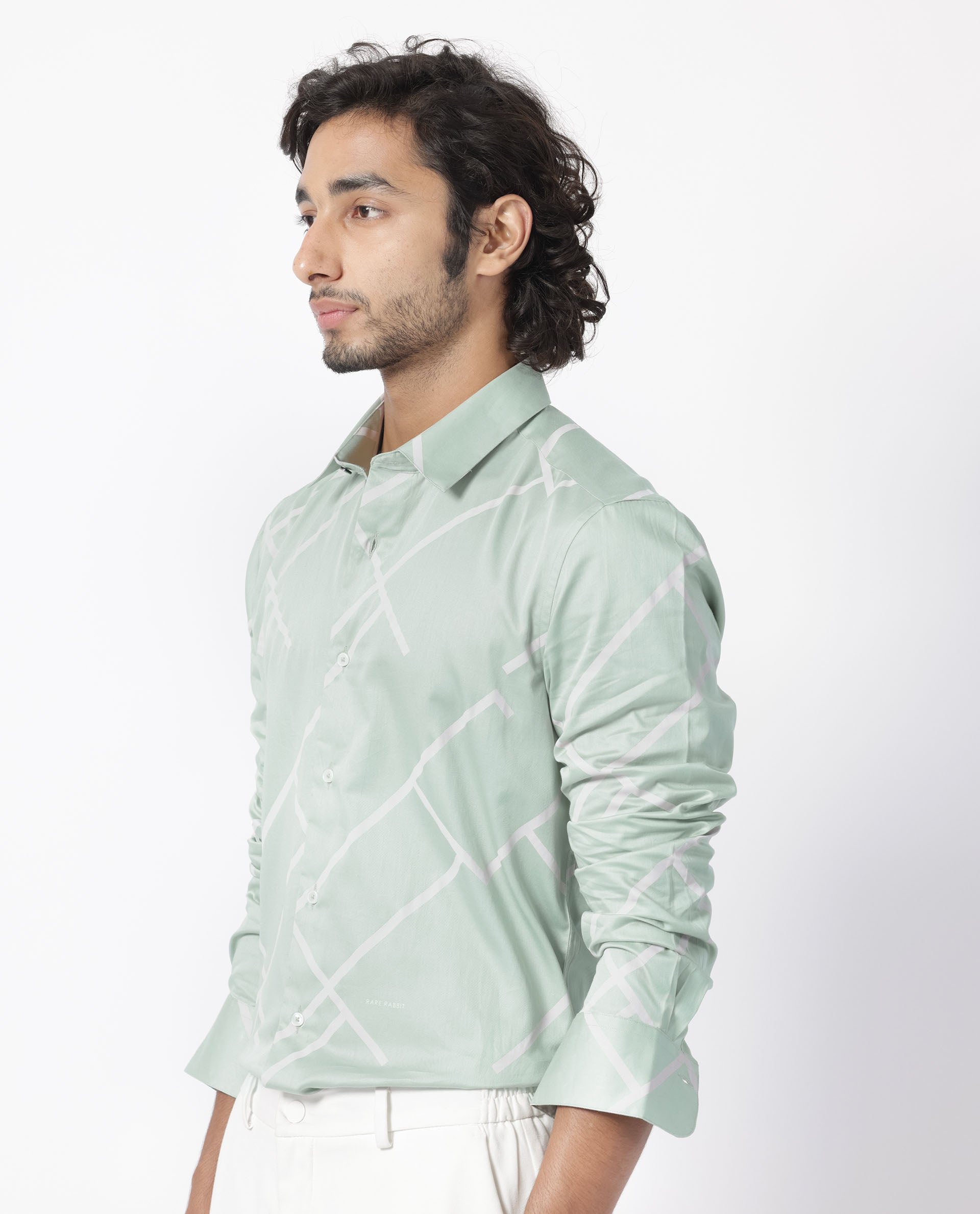Rare Rabbit Men's Cagen Pastel Green Viscose Fabric Geometric Print Full Sleeves Shirt